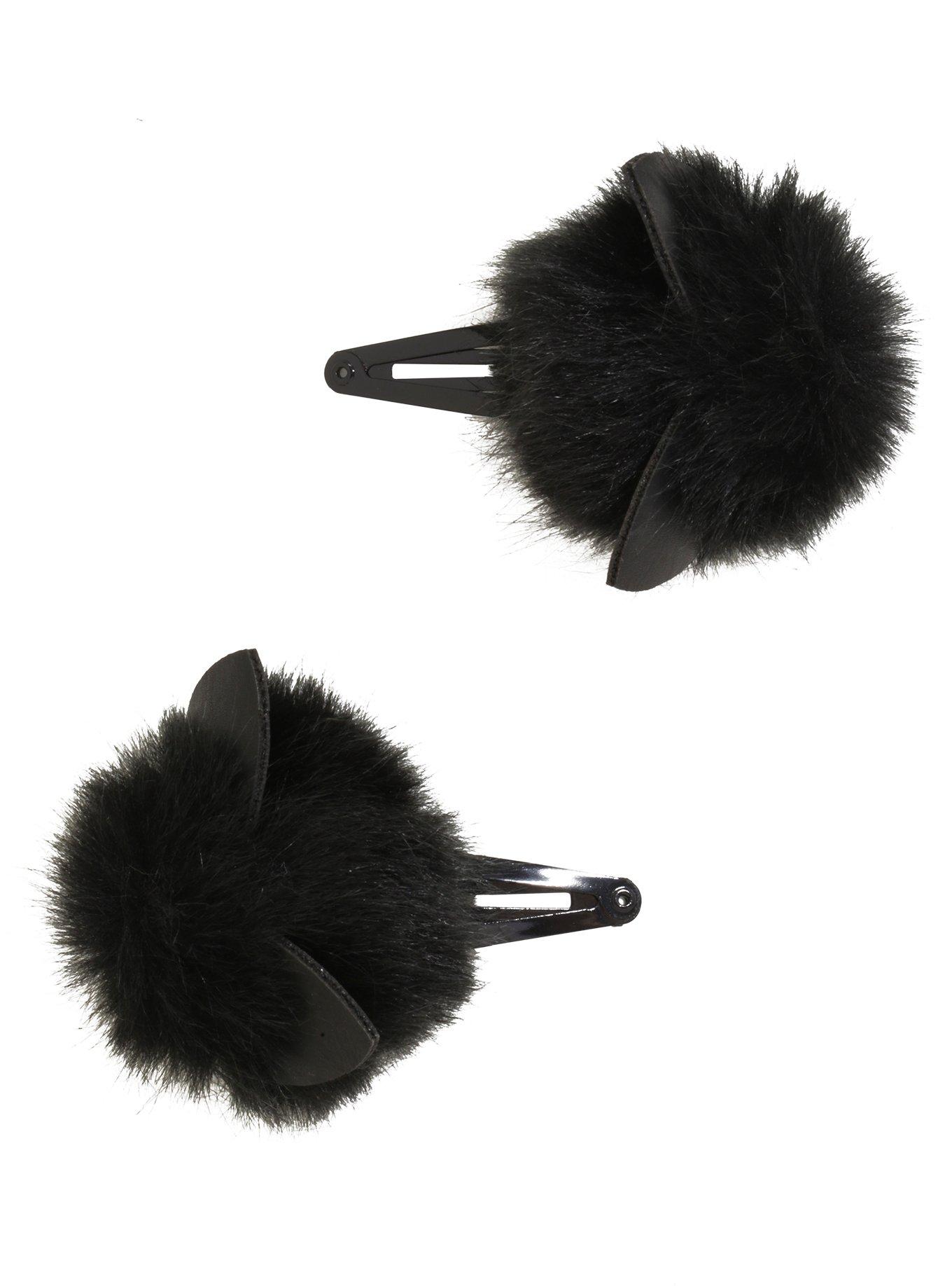 Blackheart Black Puffball Cat Ear Hair Clip Set, , alternate
