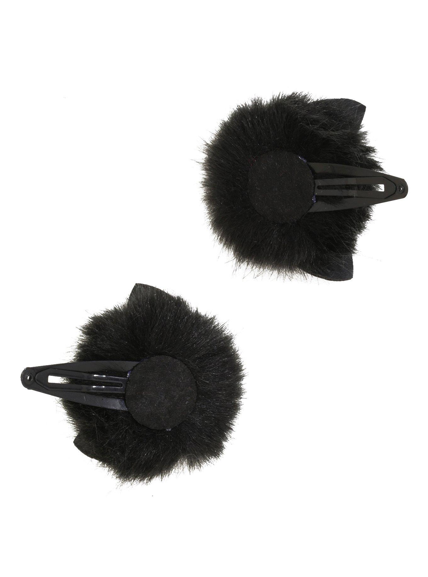 Blackheart Black Puffball Cat Ear Hair Clip Set, , alternate