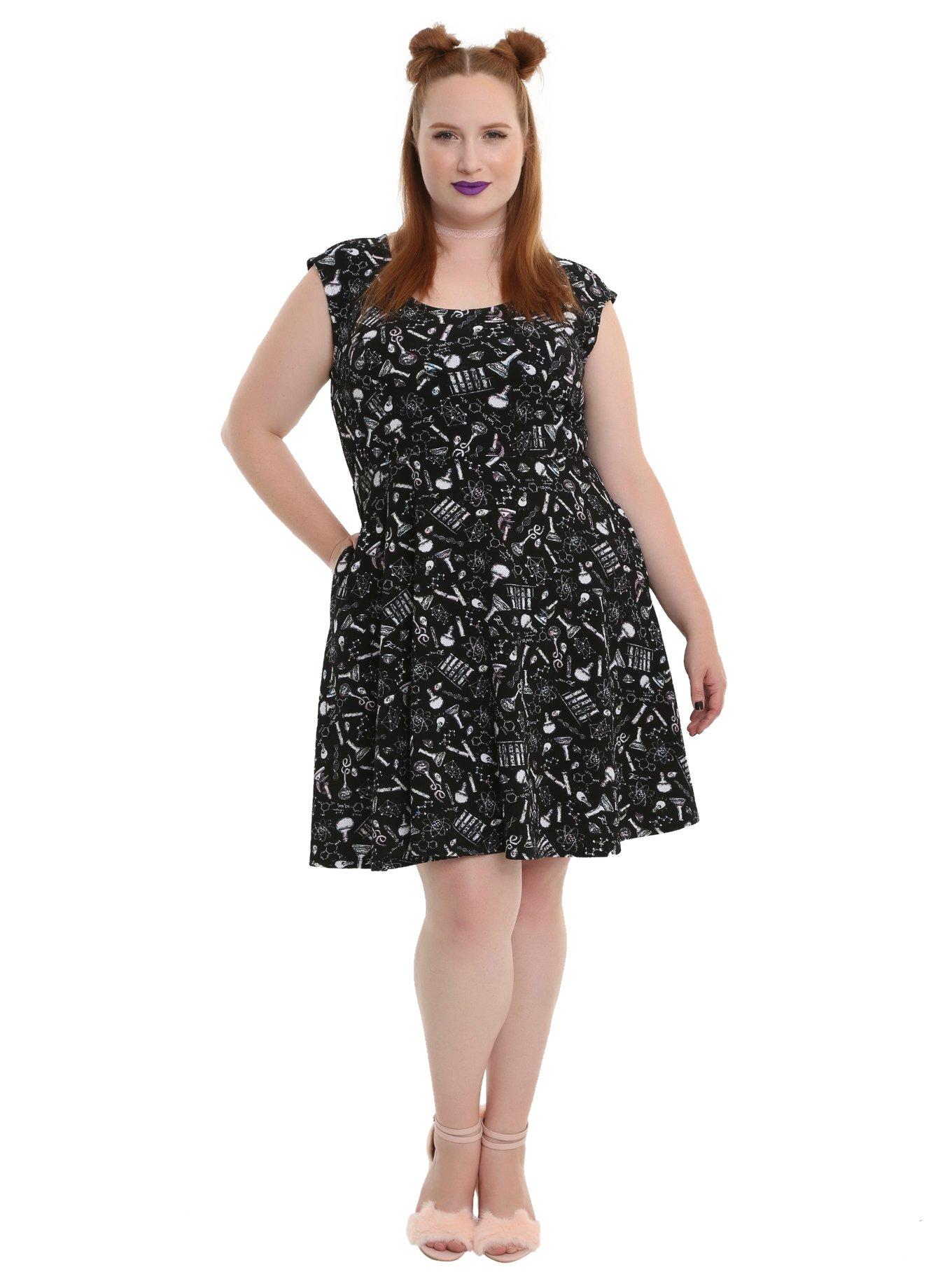 Black Pastel Science Print Fit & Flare Dress Plus Size, , alternate