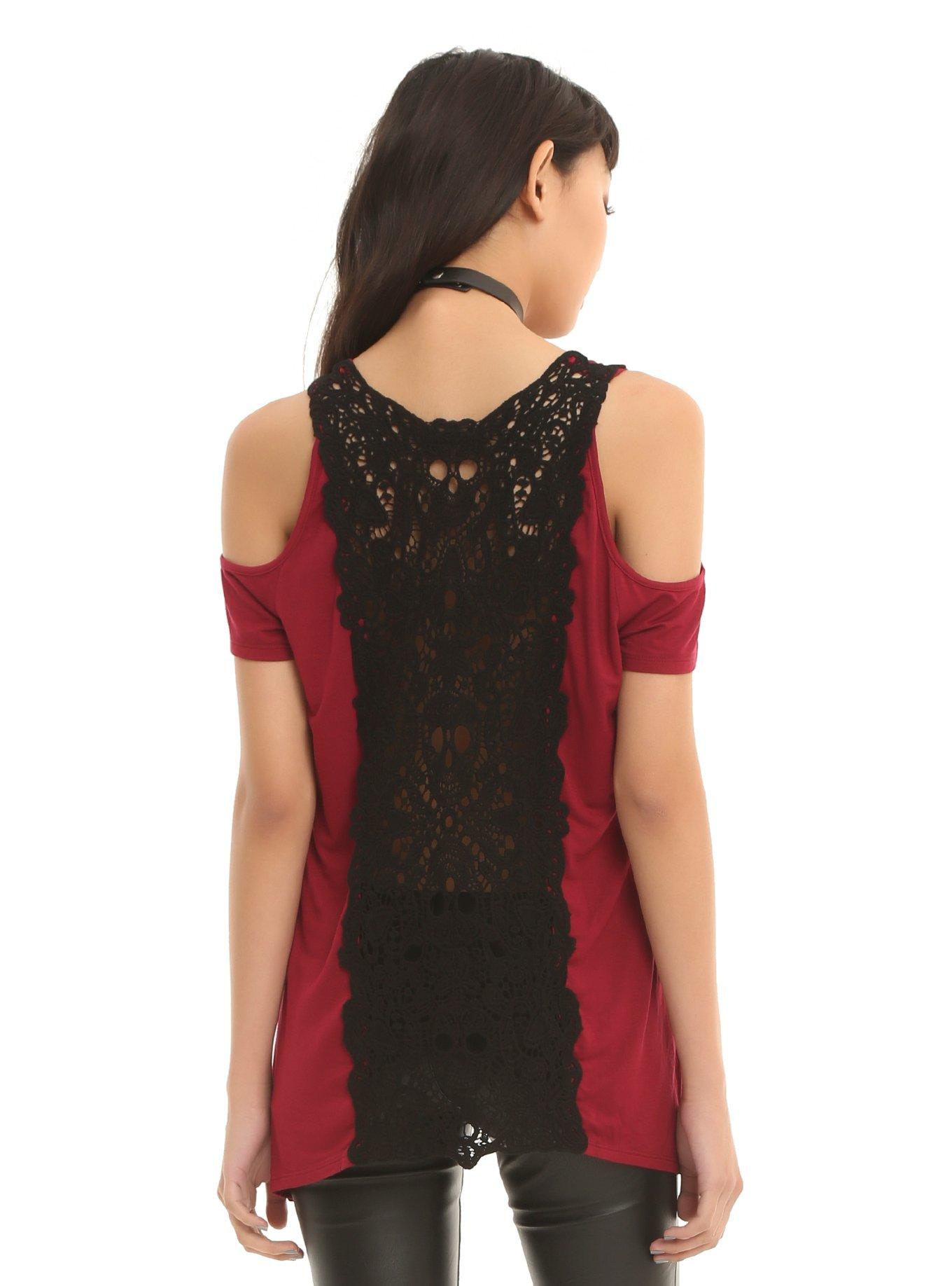 Burgundy And Black Lace Back Cold Shoulder Girls Top, , alternate