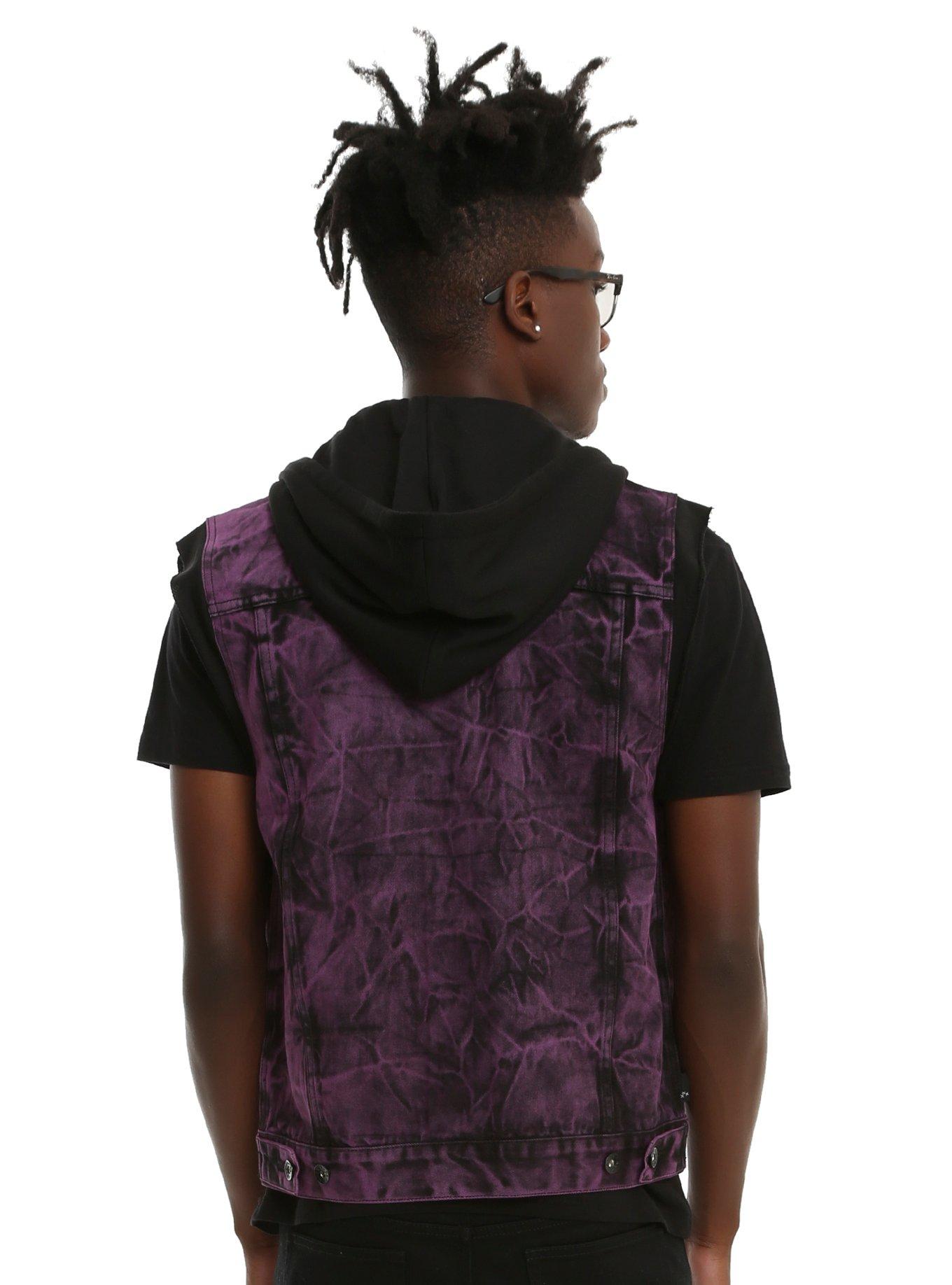 XXX RUDE Purple & Black Wash Hooded Denim Vest, , alternate