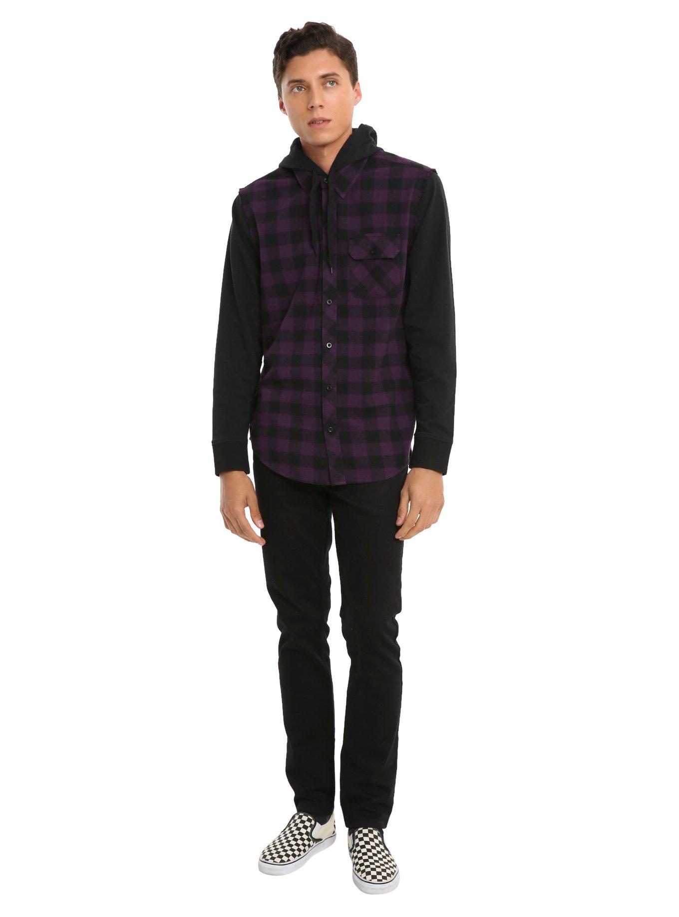 XXX RUDE Purple Buffalo Plaid & Fleece Sleeves Hooded Woven Button-Up, , alternate