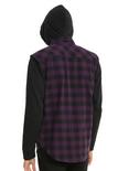 XXX RUDE Purple Buffalo Plaid & Fleece Sleeves Hooded Woven Button-Up, , alternate