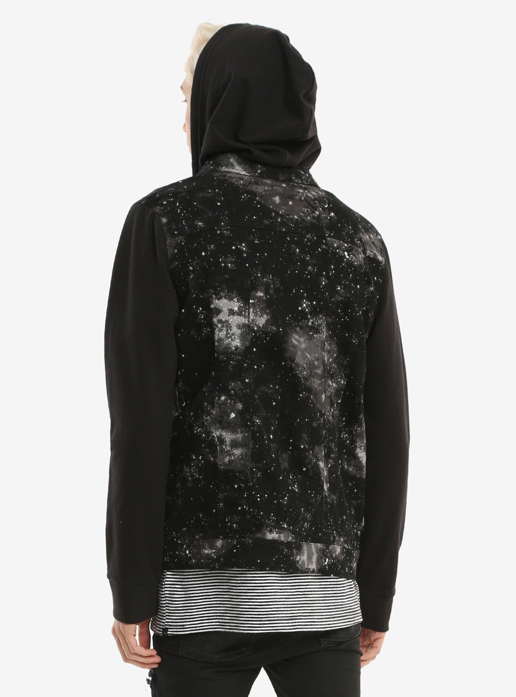 XXX RUDE Black & White Galaxy Denim Black Fleece Hooded Jacket, , alternate
