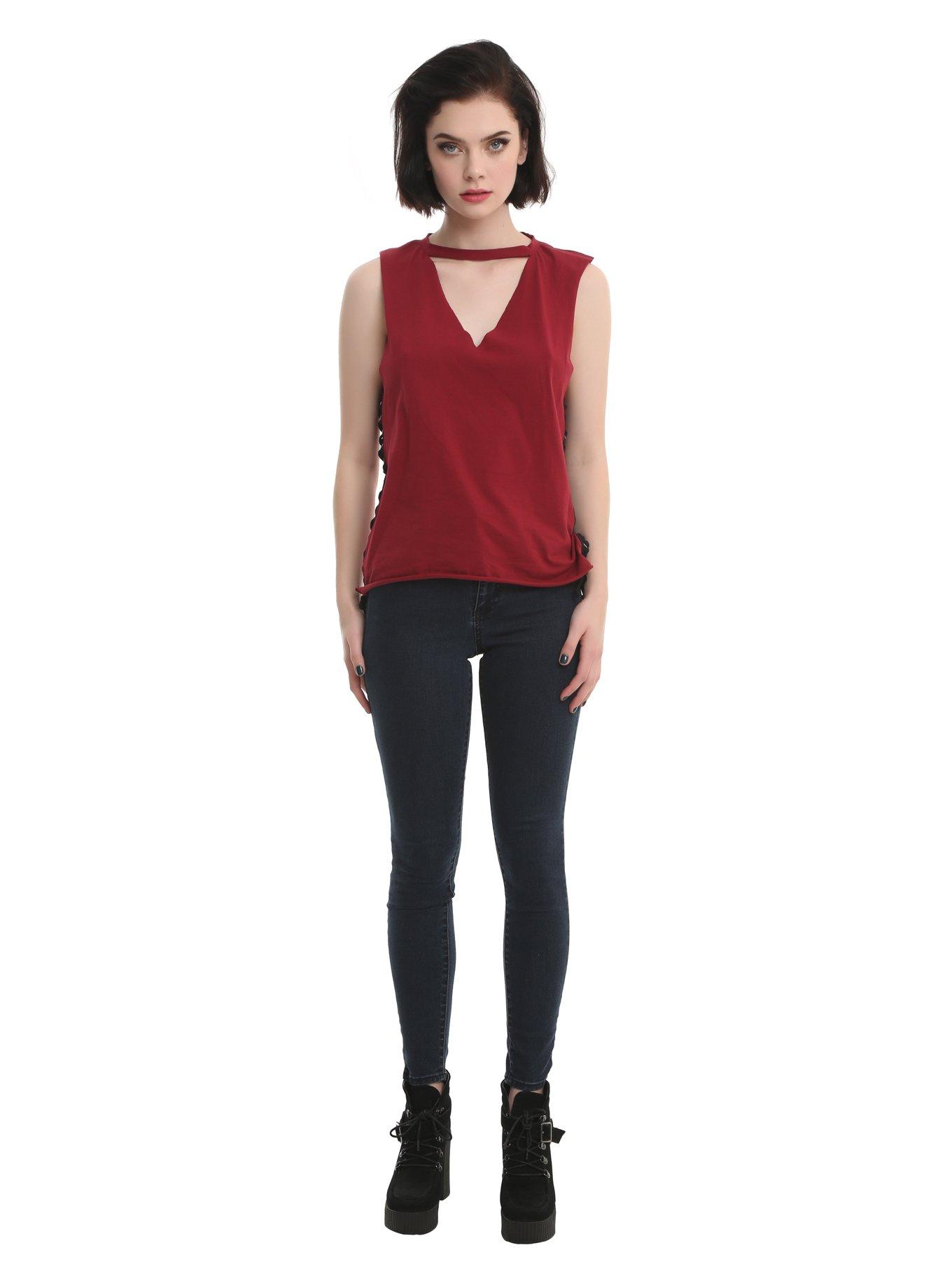 V Cutout Red Lace-Up Girls Tank Top, , alternate