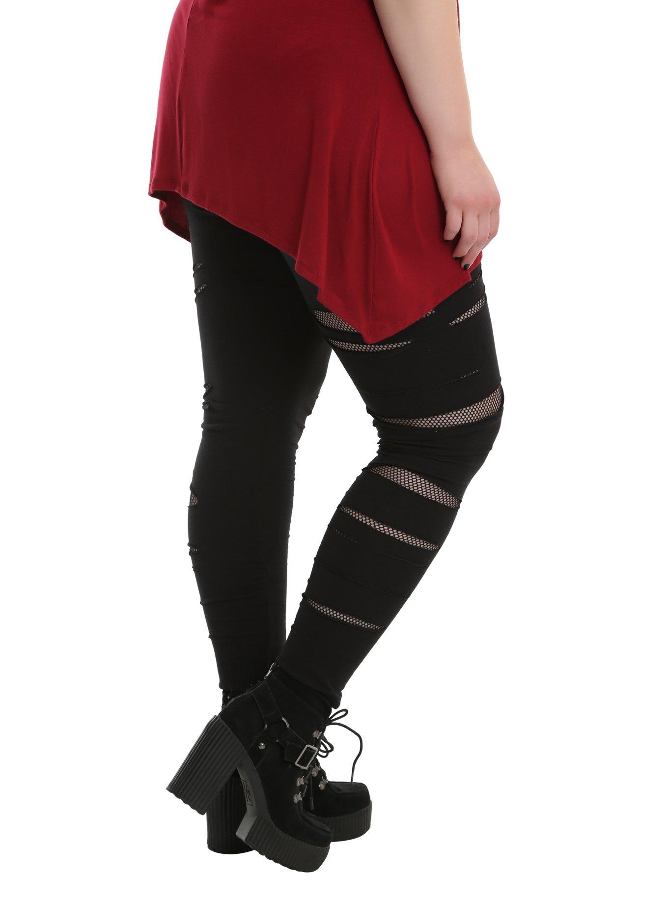 Black Shredded Fishnet Leggings Plus Size, , alternate