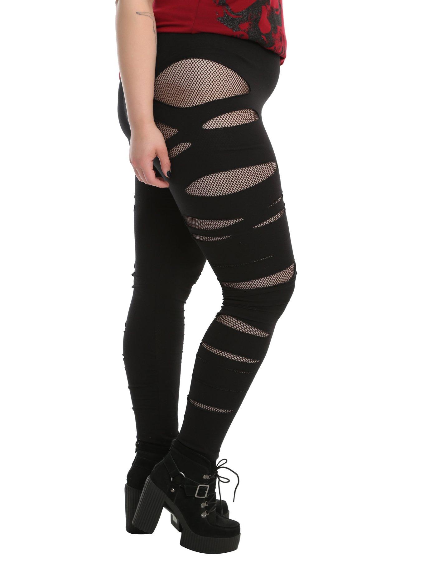 Black Shredded Fishnet Leggings Plus Size, , alternate