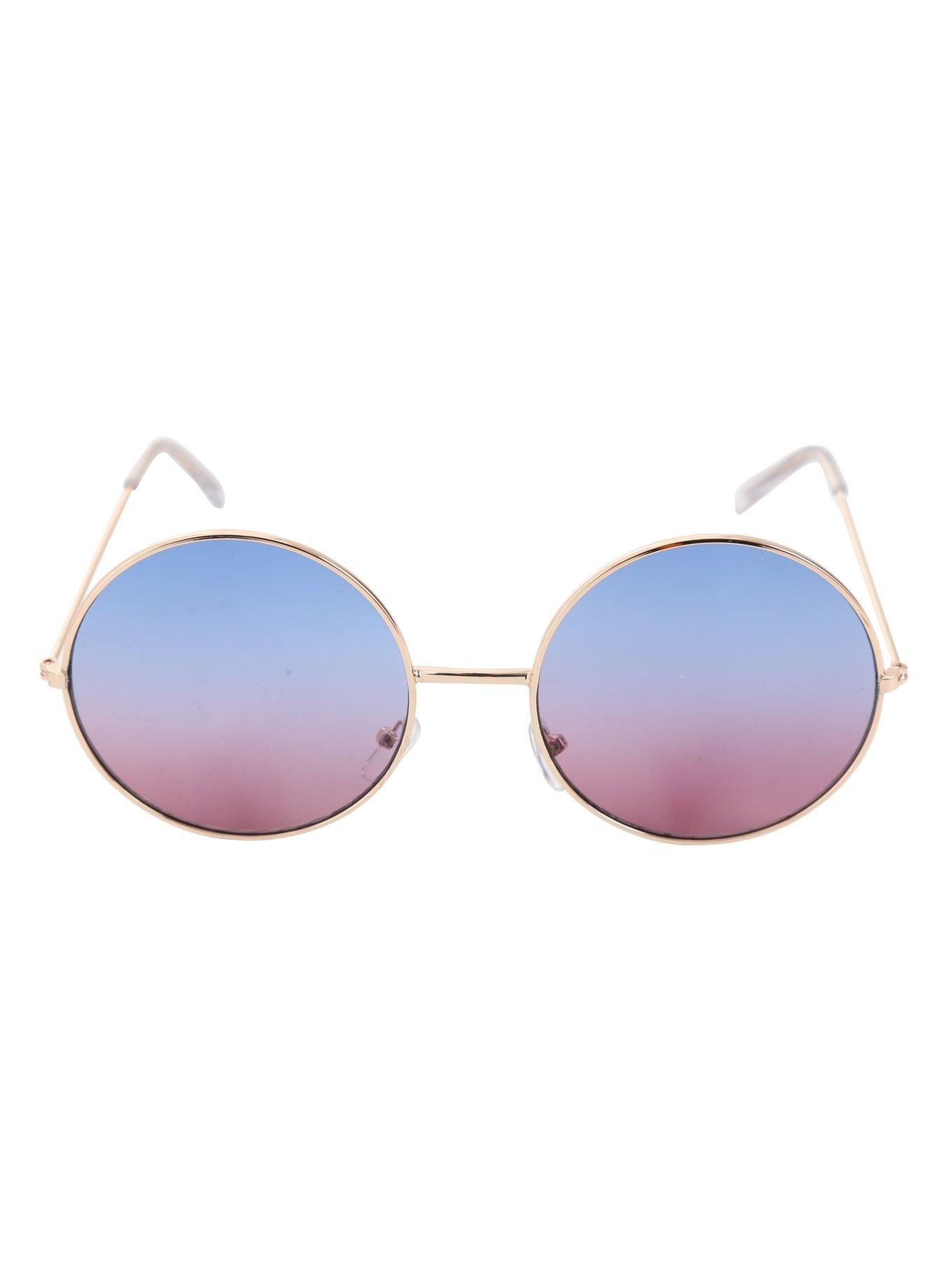 Gold Blue & Pink Gradient Lens Round Sunglasses, , alternate