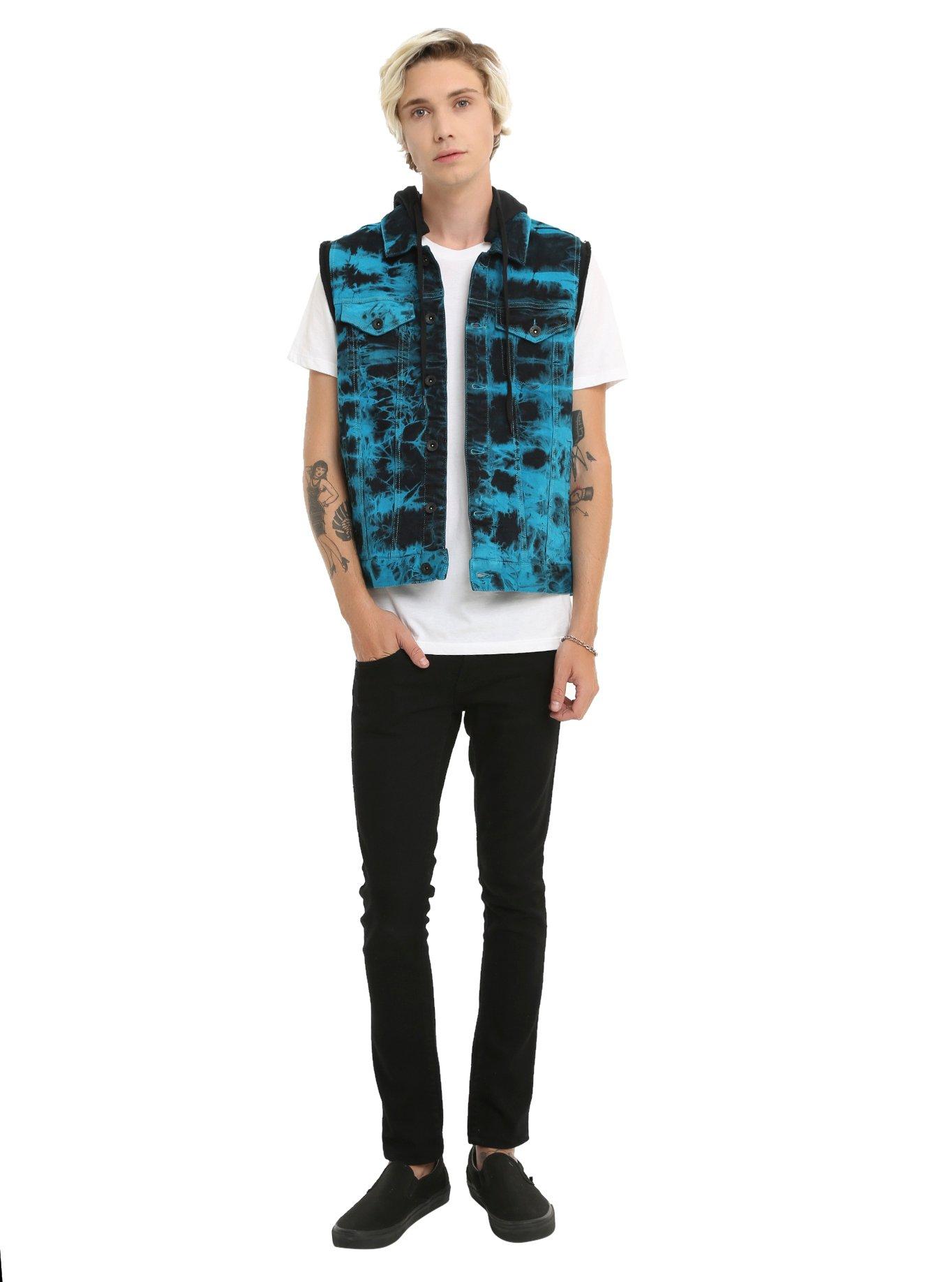 XXX RUDE Turquoise & Black Tie Dye Denim Black Fleece Hooded Vest, , alternate