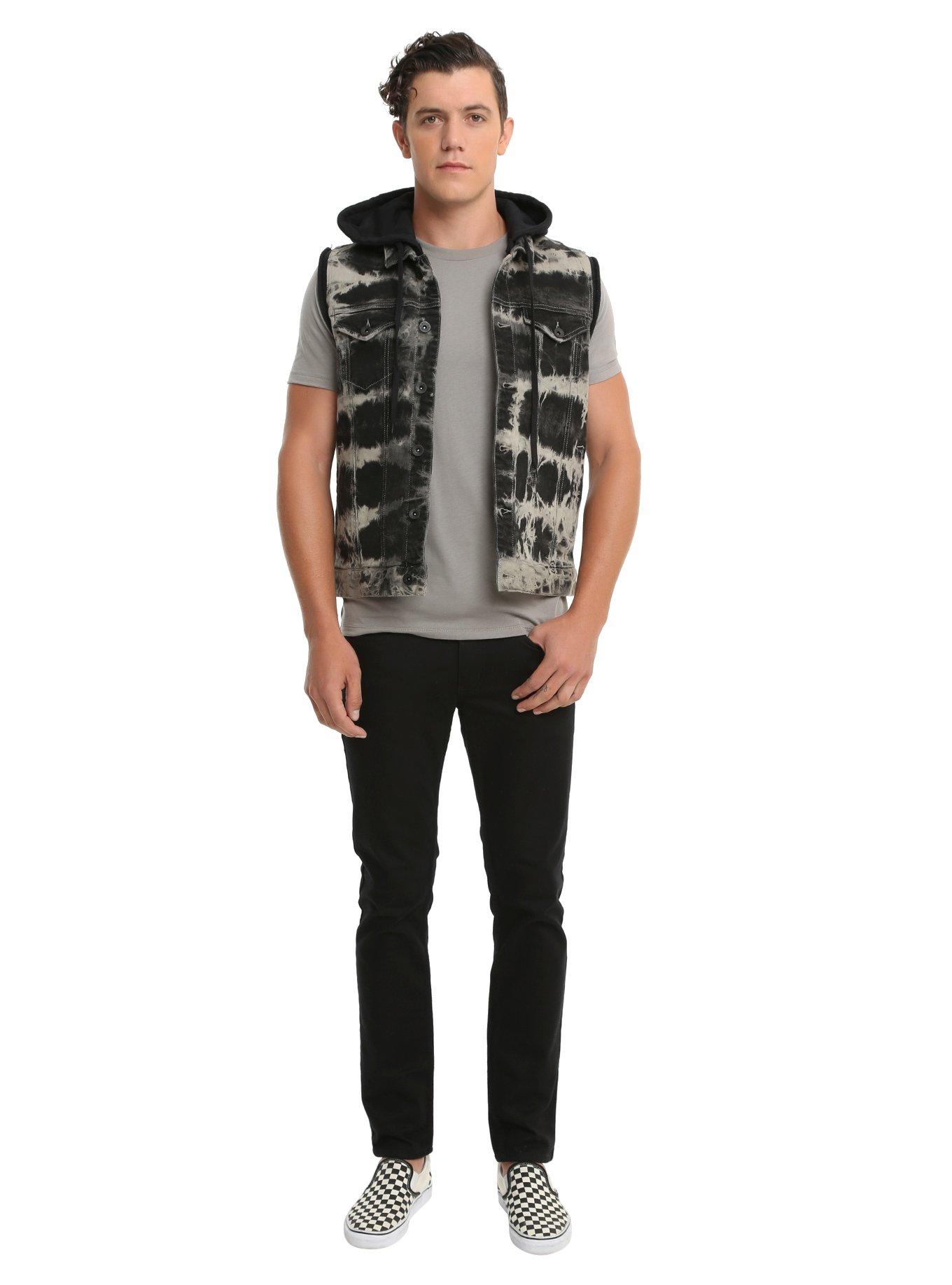XXX RUDE Black & Grey Tie Dye Denim Black Fleece Hooded Vest, , alternate