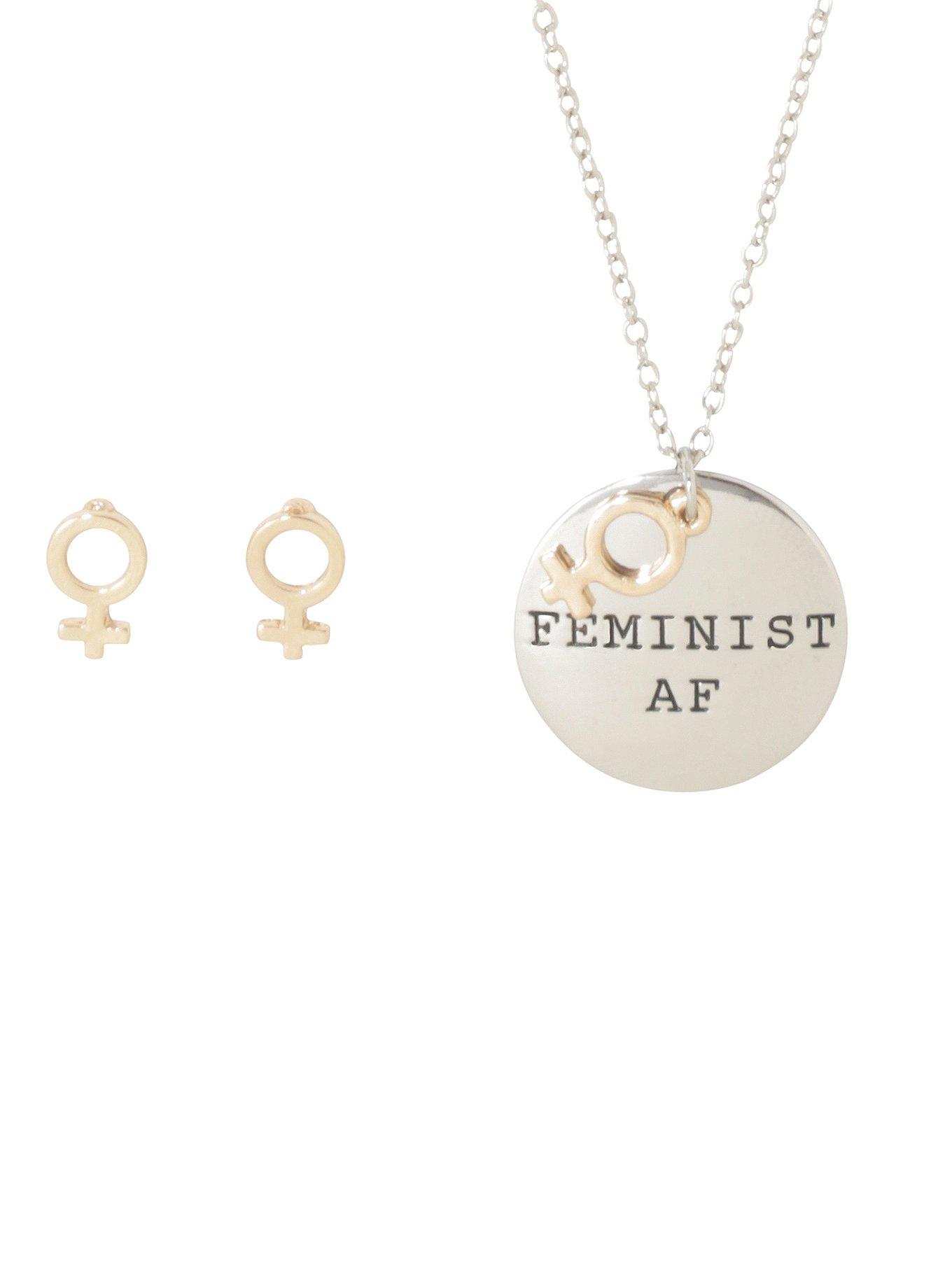 Blackheart Feminist AF Necklace and Earrings Set, , alternate
