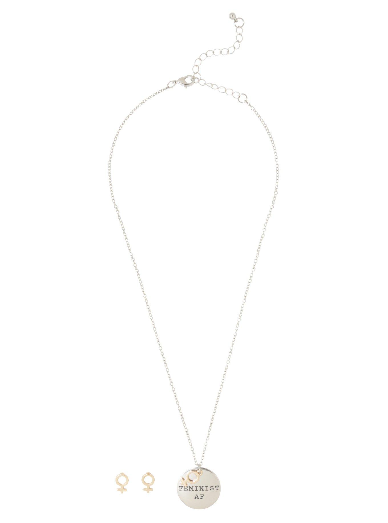 Blackheart Feminist AF Necklace and Earrings Set, , alternate