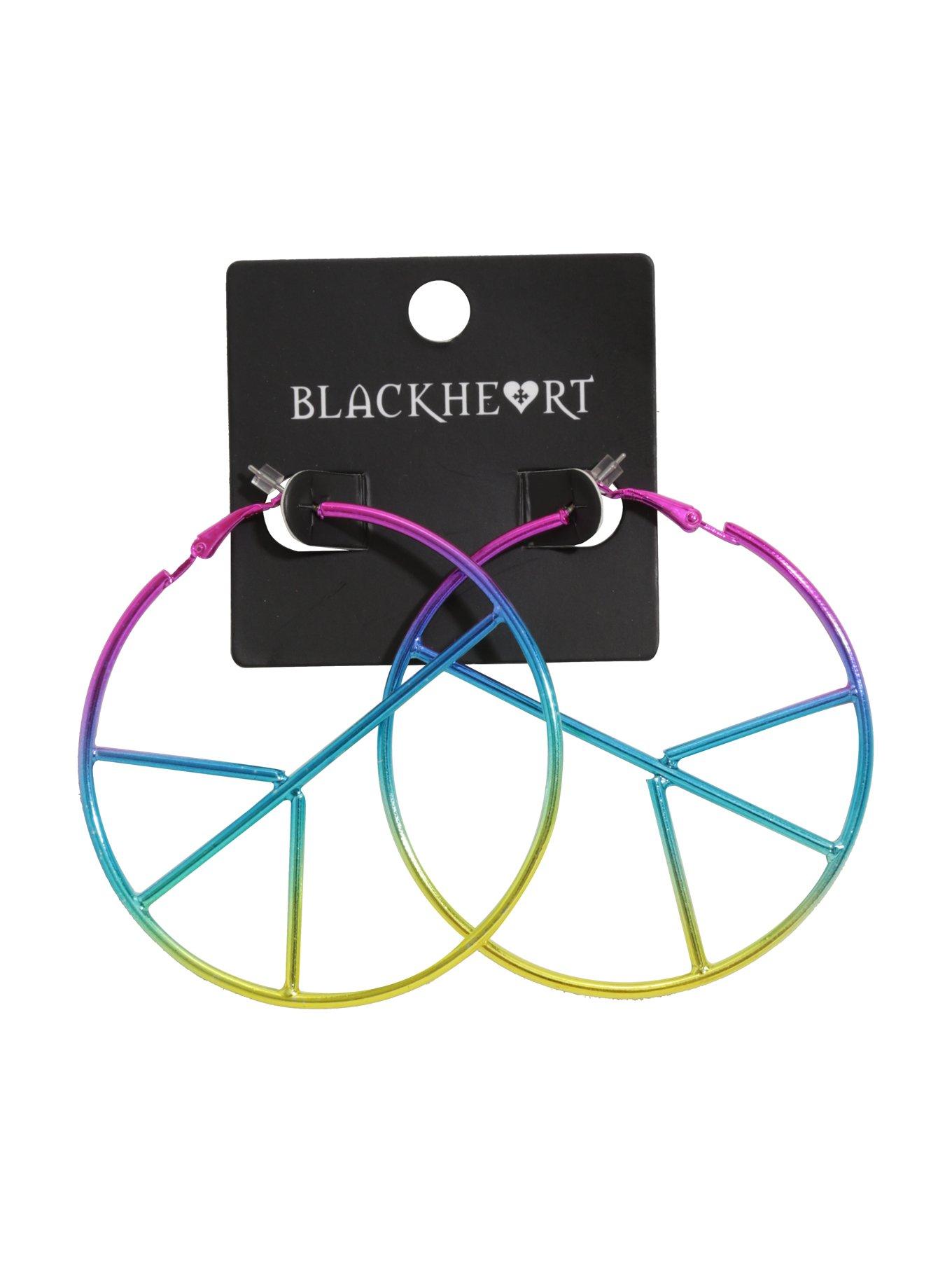 Blackheart Anodized Rainbow Peace Sign Hoop Earrings, , alternate