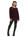 Black & Burgundy Stripe Lace-Up Girls Sweater, , alternate