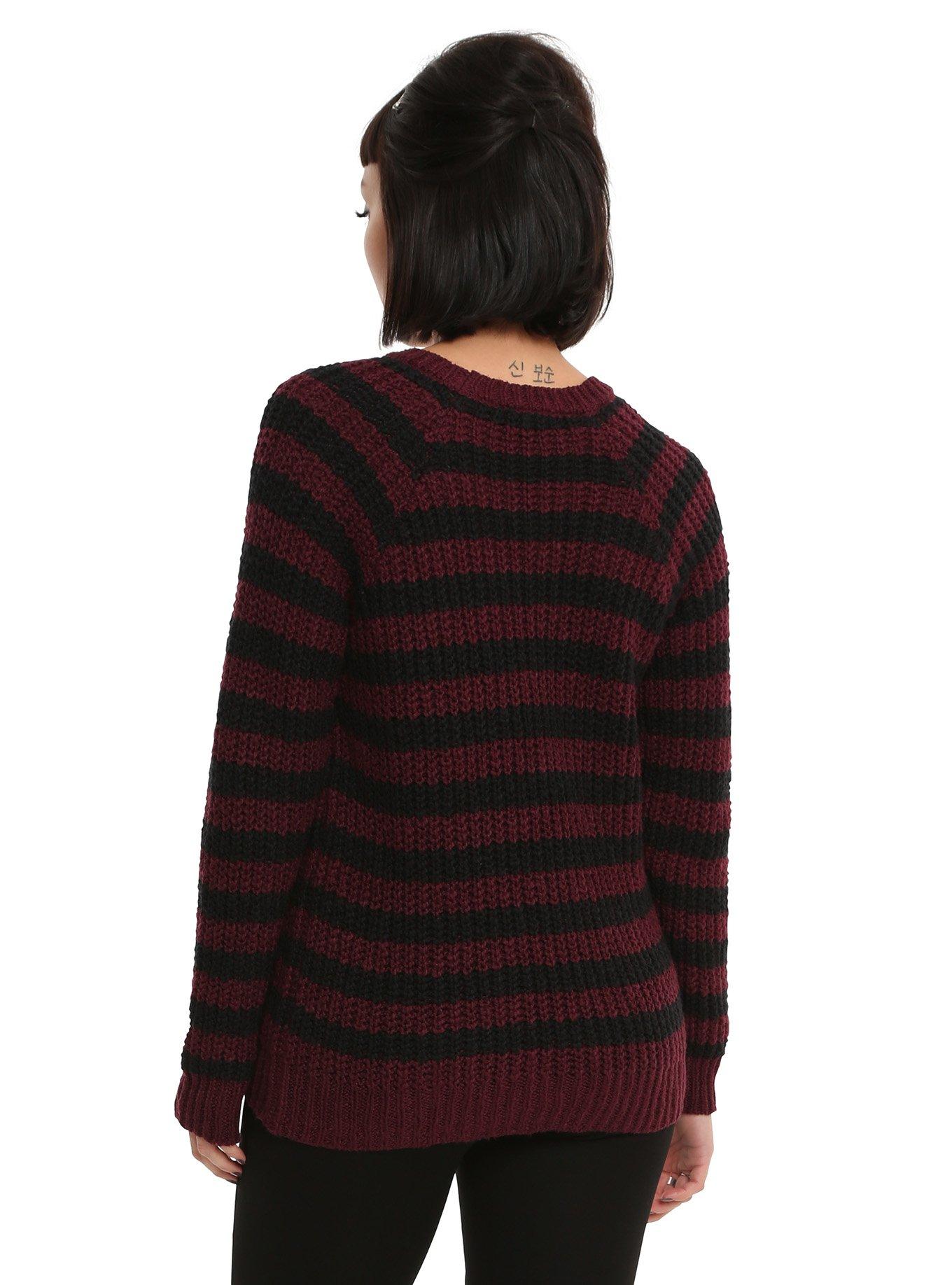 Black & Burgundy Stripe Lace-Up Girls Sweater, , alternate