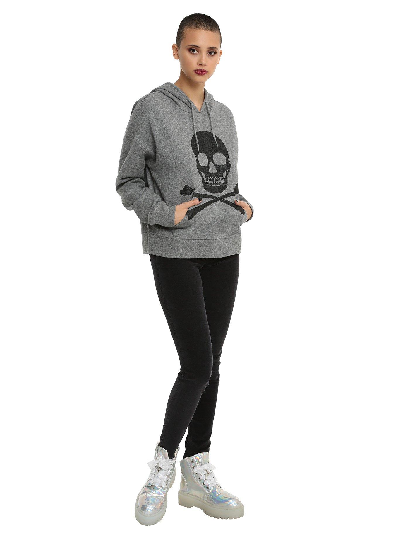 Grey & Black Glitter Skull Girls Hoodie, , alternate