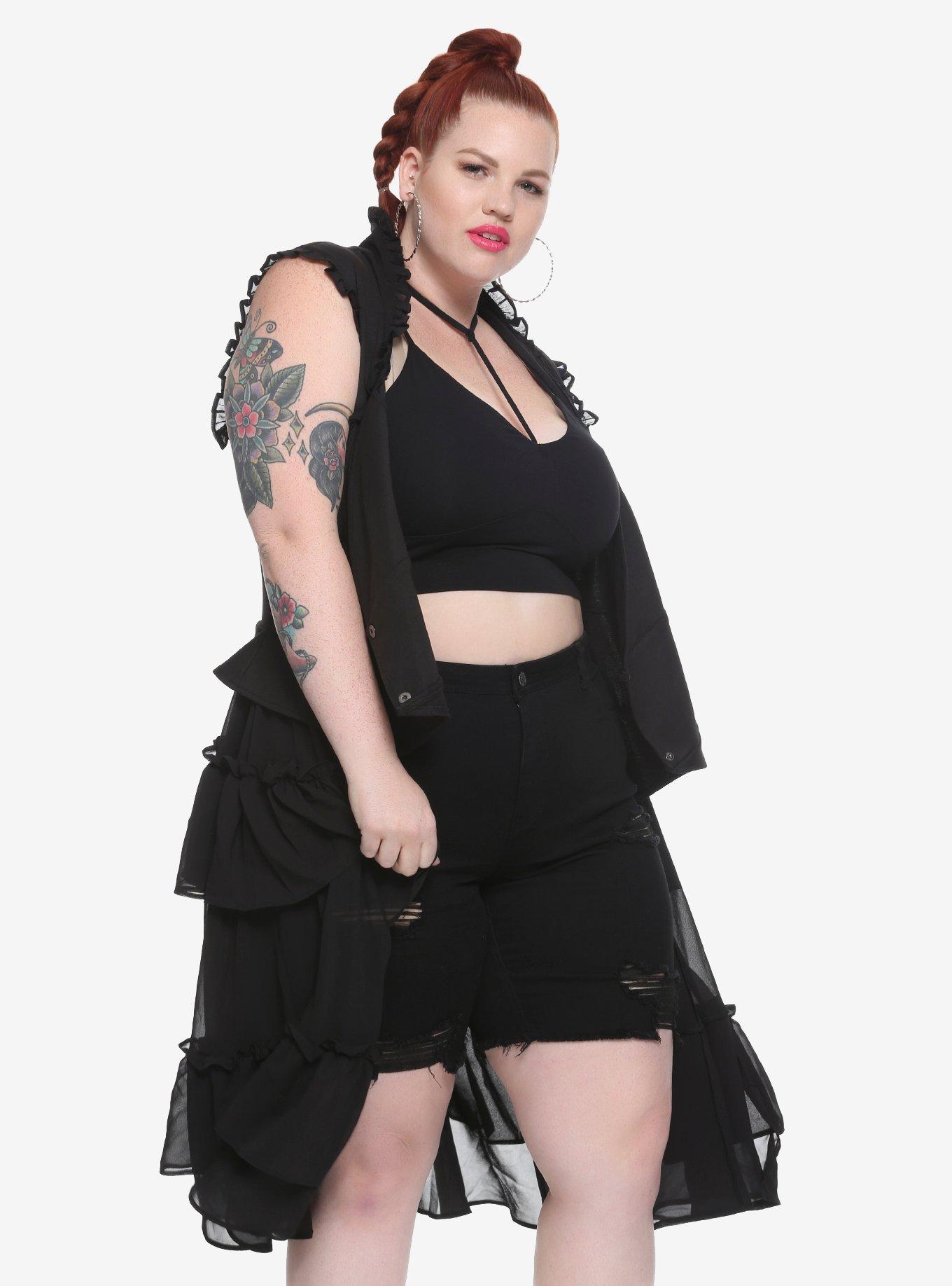 Black Ruffled Vest Plus Size, BLACK, alternate
