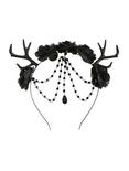 Gothic Fawn Black Floral Antler Headband, , alternate