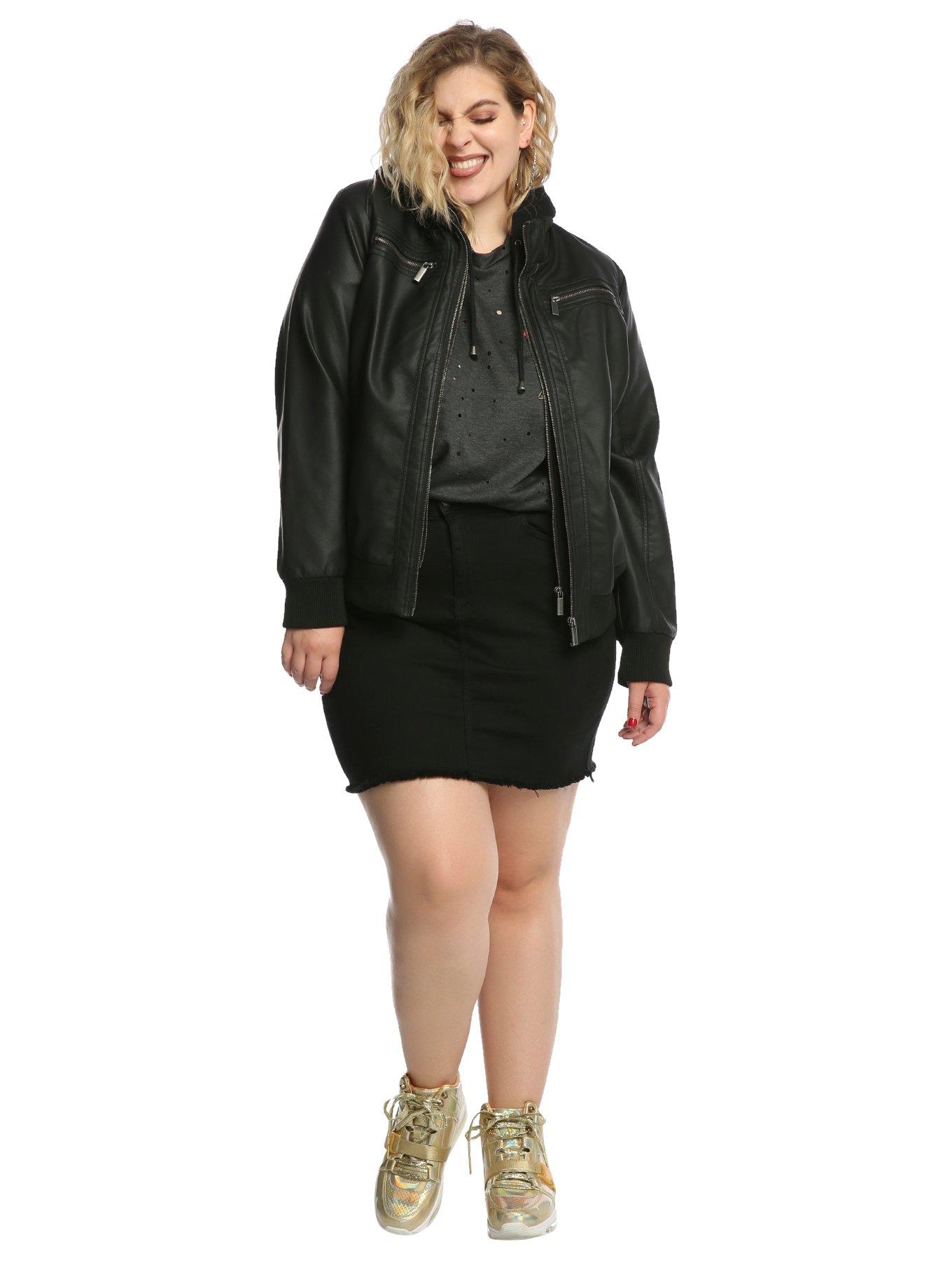 Black Sherpa Lined Faux Leather Girls Jacket Plus Size, , alternate