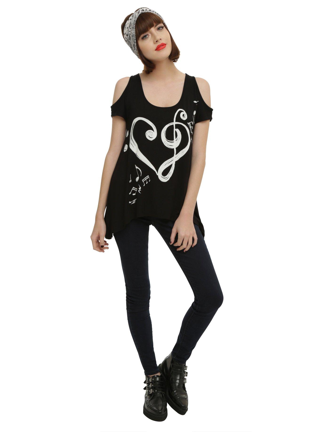 Music Notes Heart Girls Cold Shoulder Top, , alternate