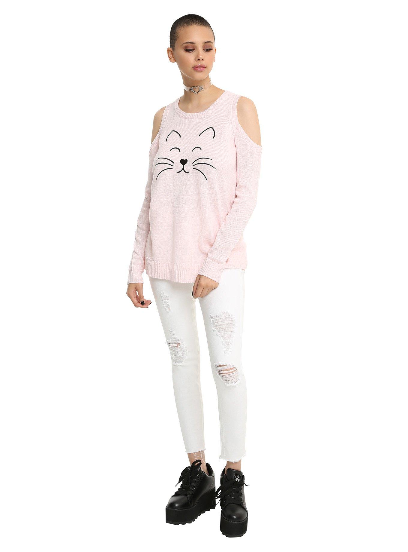 Cat Pink Girls Cold Shoulder Sweater, , alternate