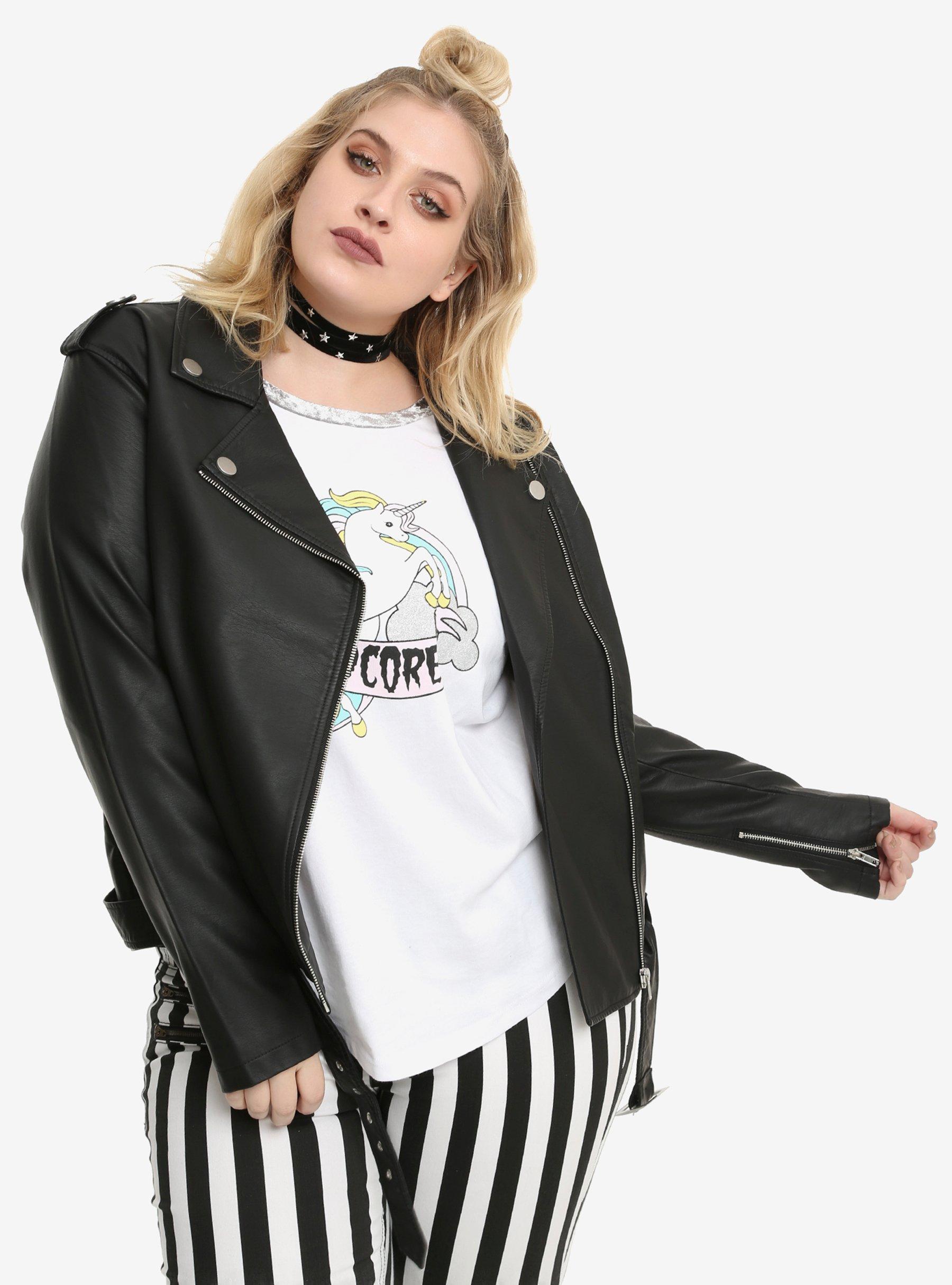 Beauty & Brains Painted Back Faux Leather Girls Moto Jacket Plus Size, , alternate