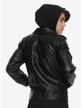 Black Faux Leather Motorcycle Hooded Jacket, , alternate