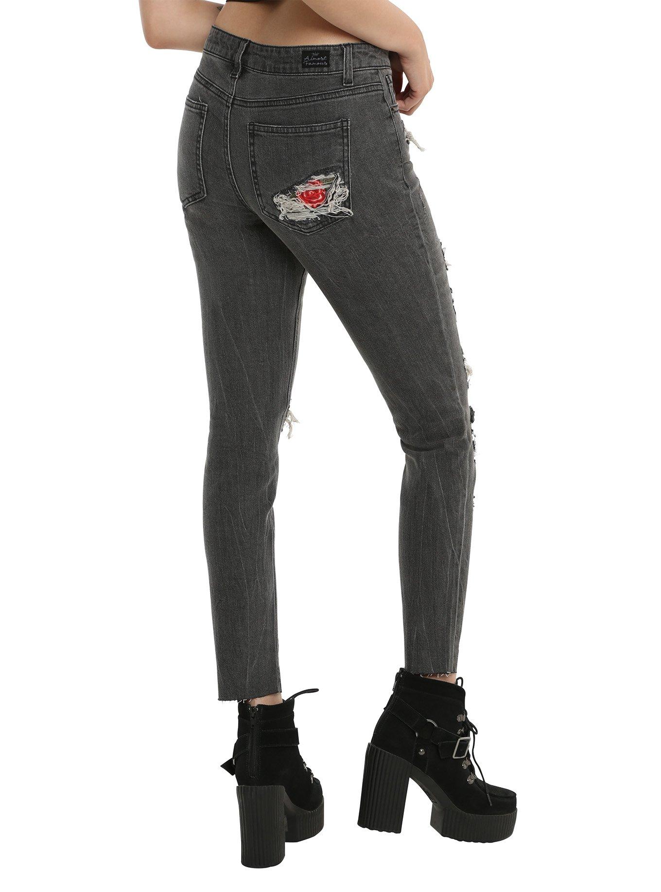 Black Destructed Rose Patch Skinny Jeans, , alternate