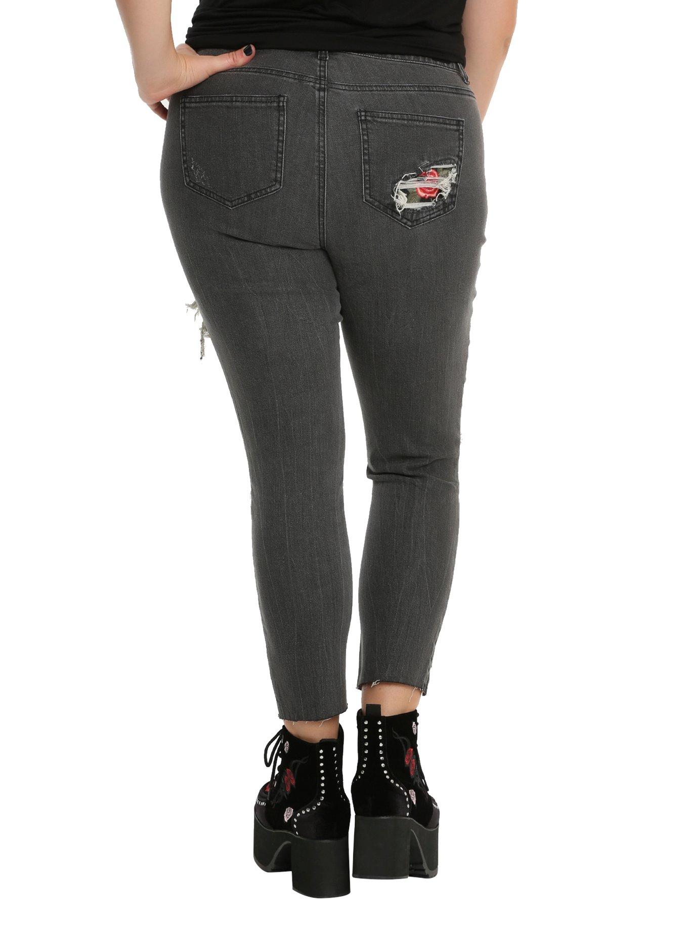 Black Destructed Rose Patch Skinny Jeans Plus Size, , alternate