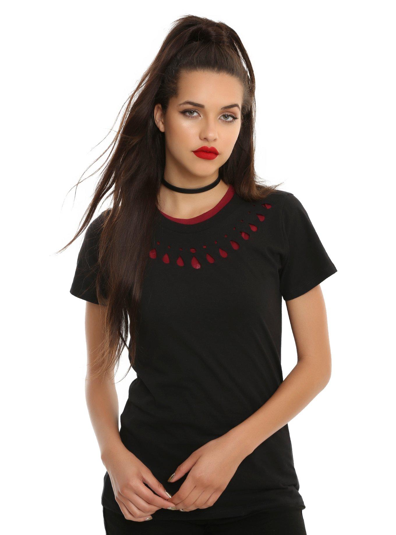 Black & Red Skull Cut-Out Back Girls T-Shirt, , alternate