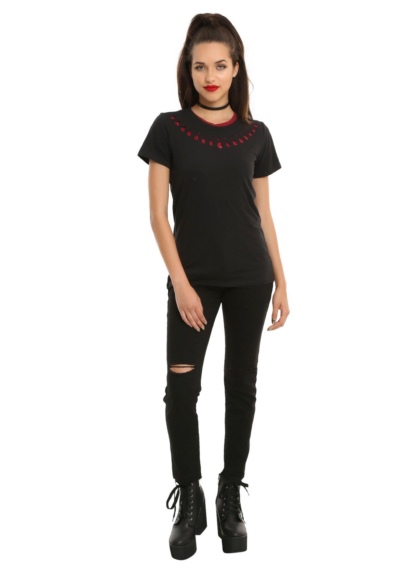 Black & Red Skull Cut-Out Back Girls T-Shirt, , alternate