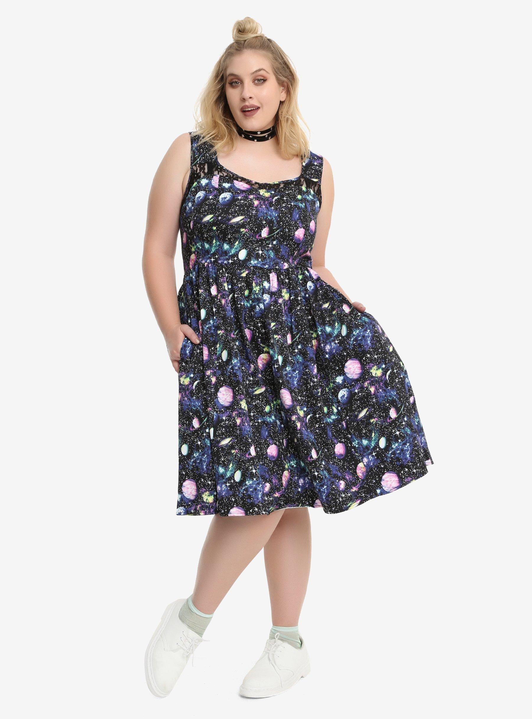 Planet Print Fit & Flare Dress Plus Size, , alternate