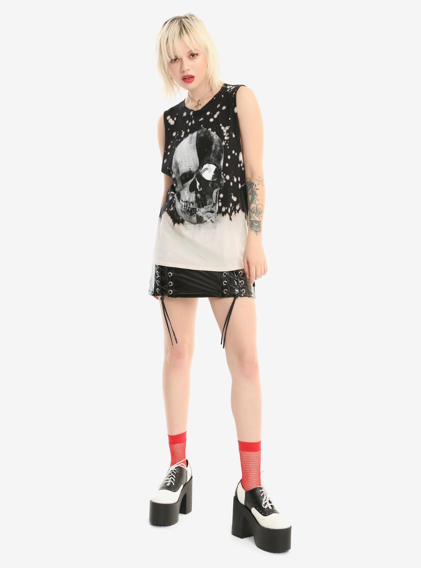 Black Bleach Splatter Skull Girls Tank Top, , alternate