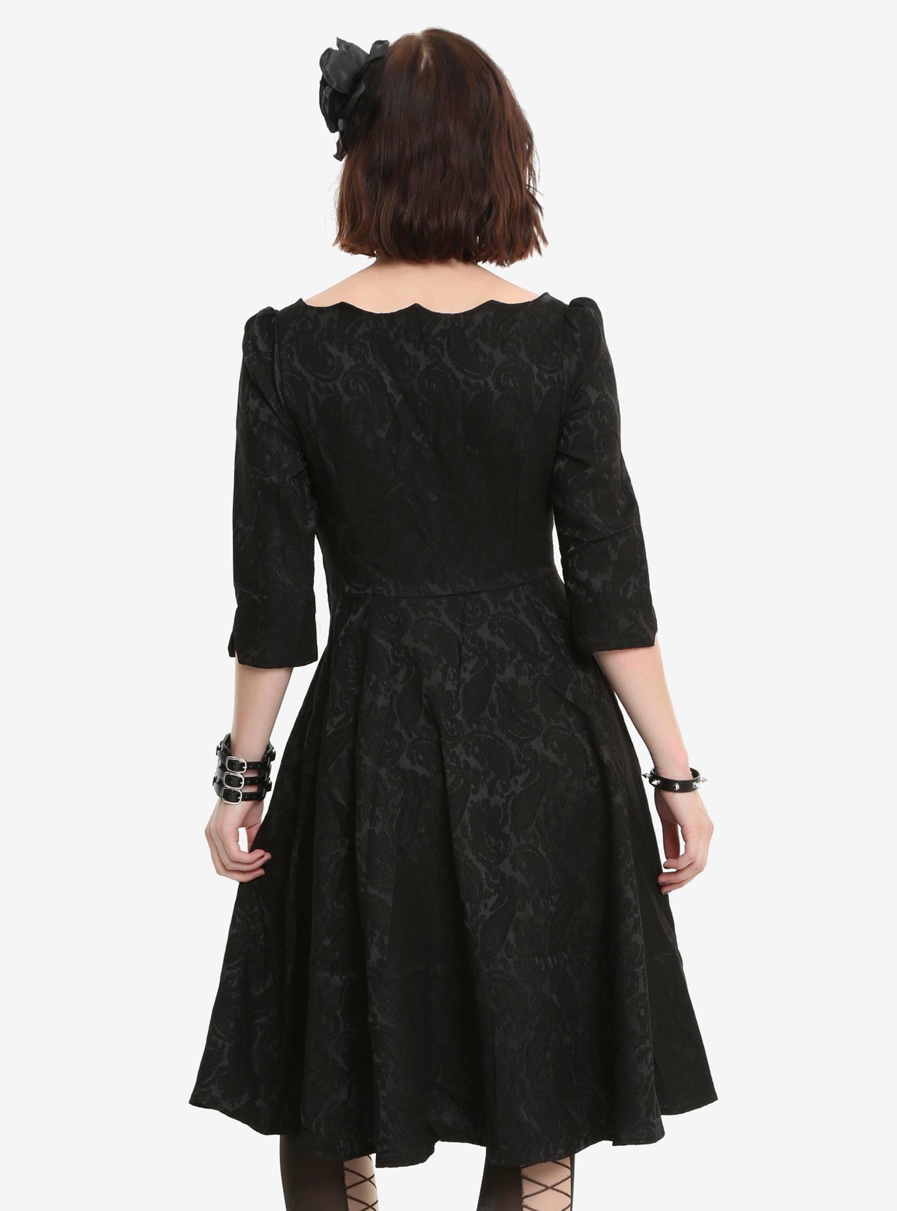 Black Brocade Scalloped Neckline Swing Dress, , alternate