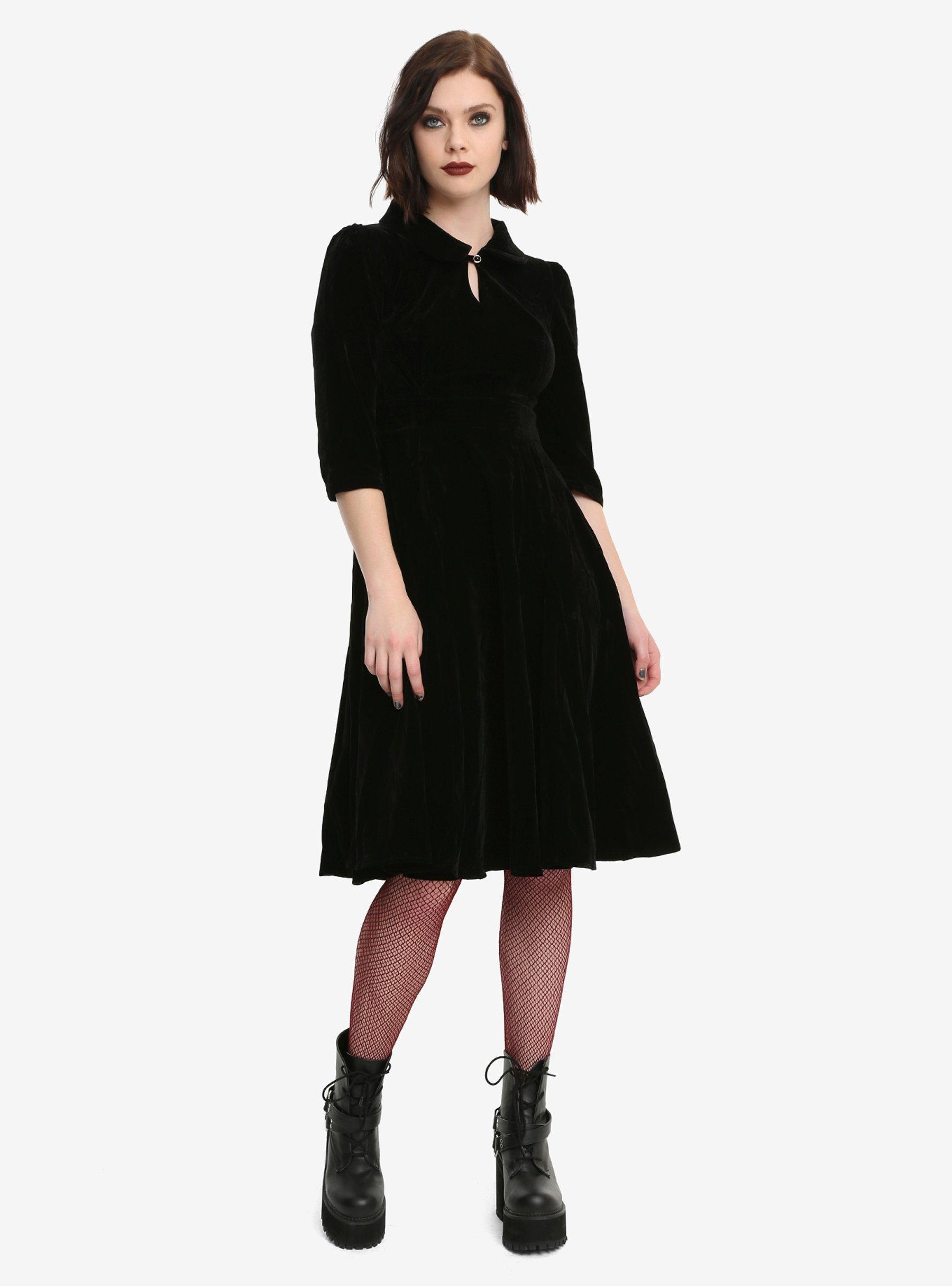 Black Half-Sleeve Fit & Flare Velvet Dress, , alternate