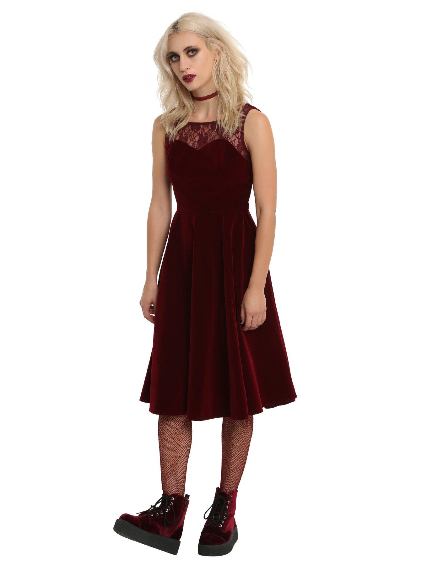 Burgundy Velvet Sweetheart Lace Dress, , alternate