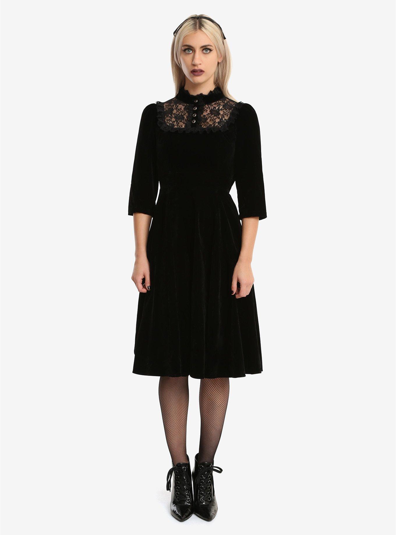 Black Velvet Lace Yoke Fit & Flare Dress, , alternate