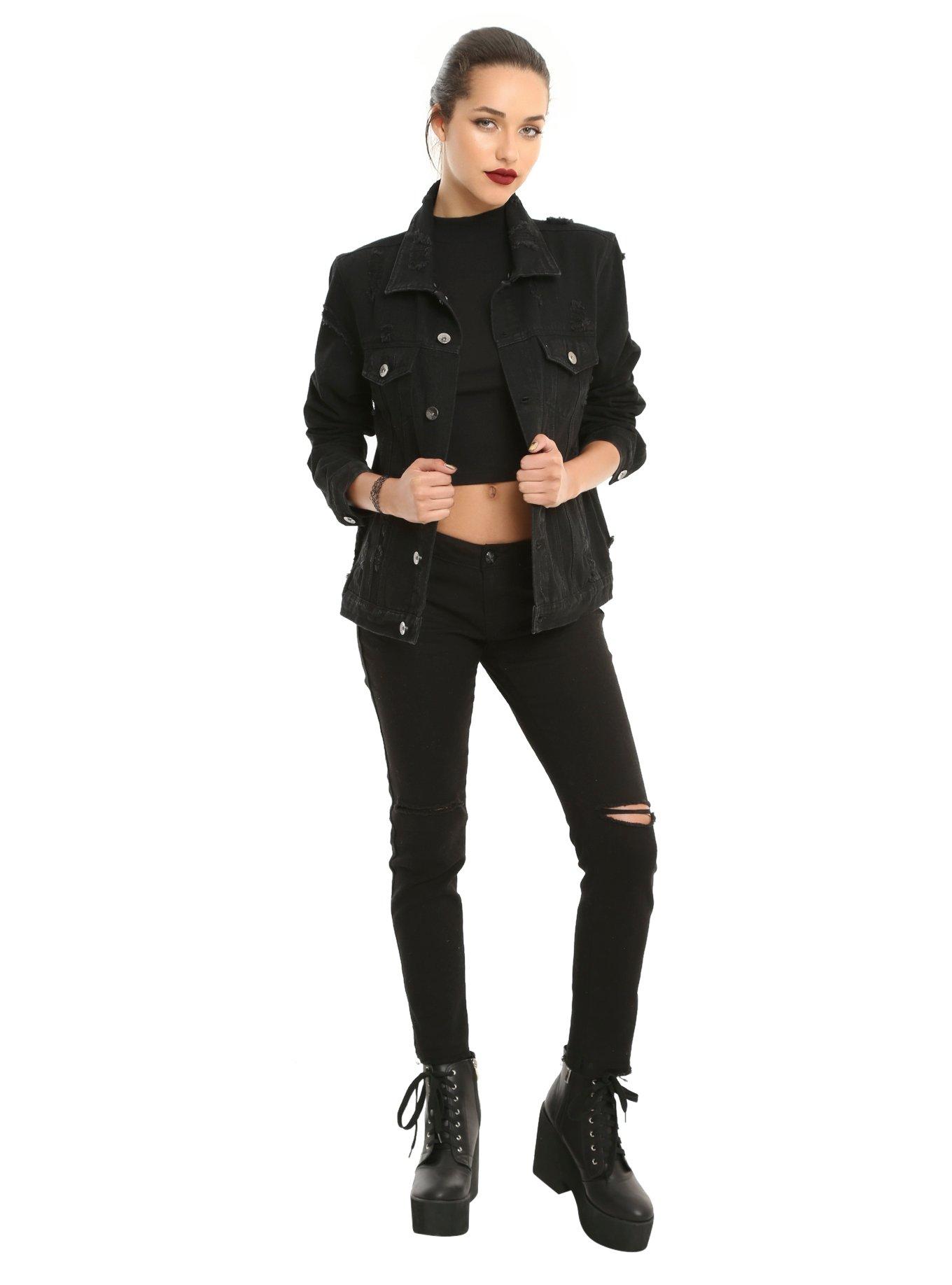 Red Removable Faux Fur Black Denim Girls Jacket, , alternate