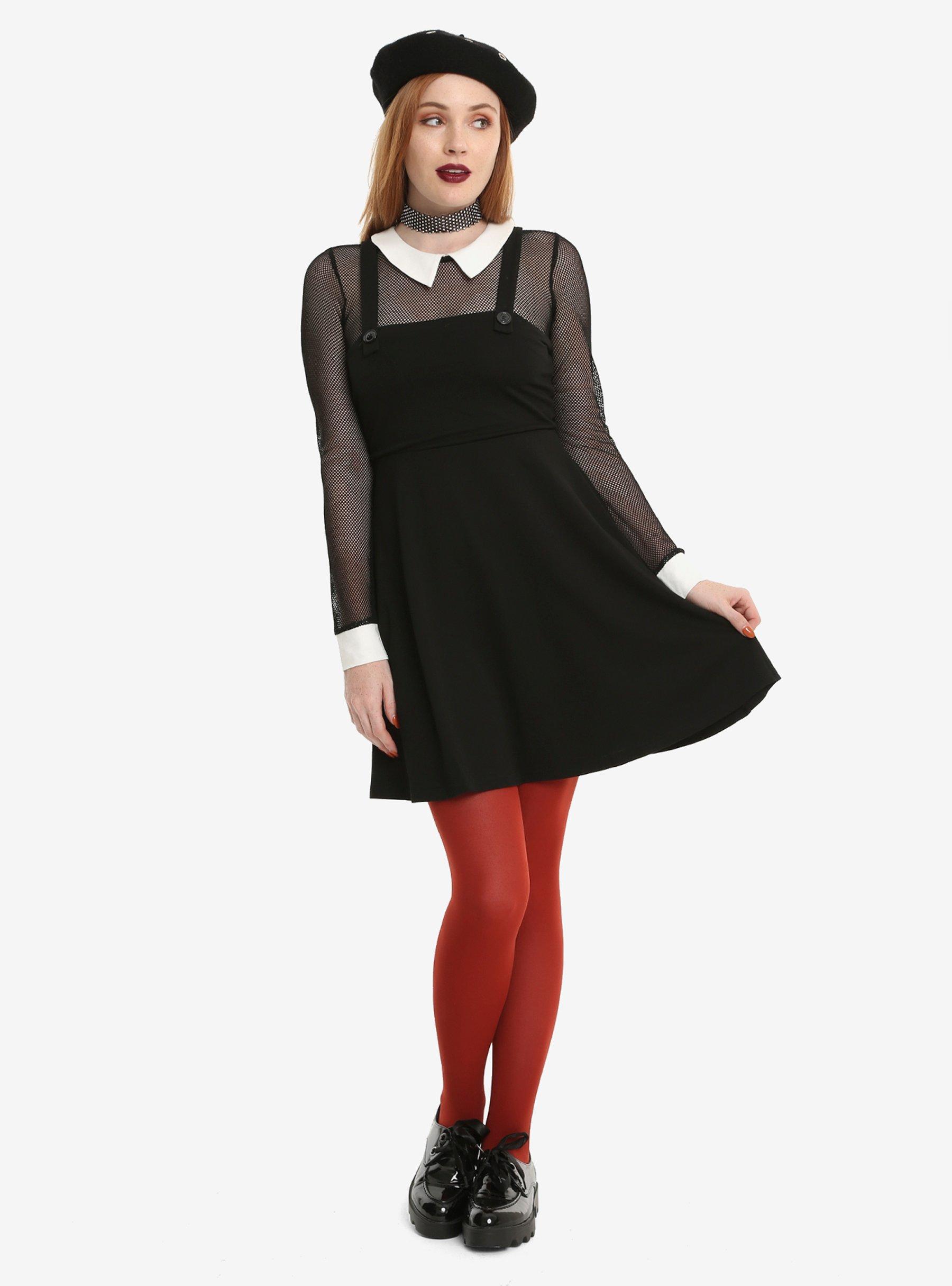 Black Fishnet Long-Sleeved Collared Jumper Dress, , alternate