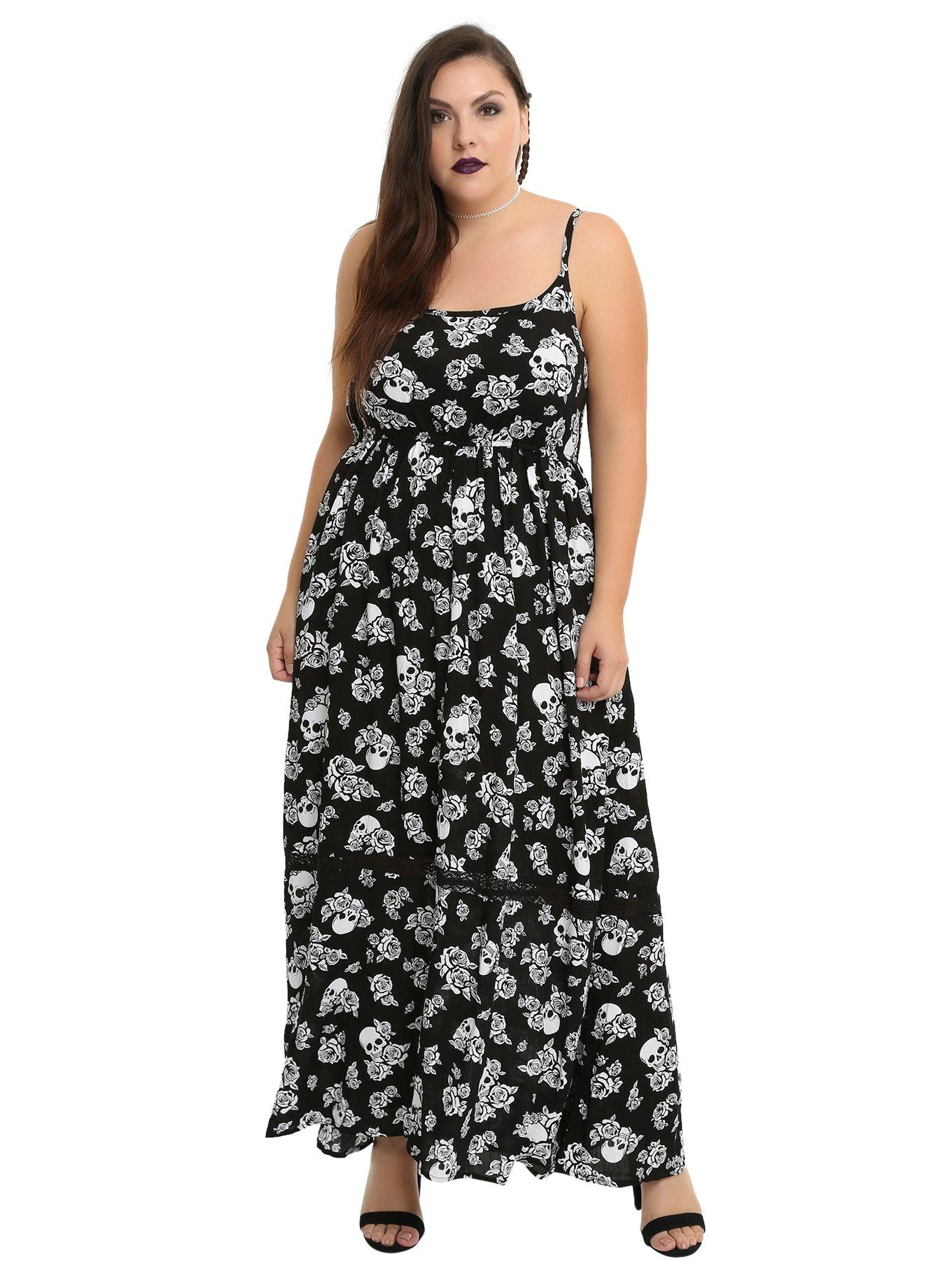 Black & White Floral Skull Maxi Dress Plus Size, , alternate