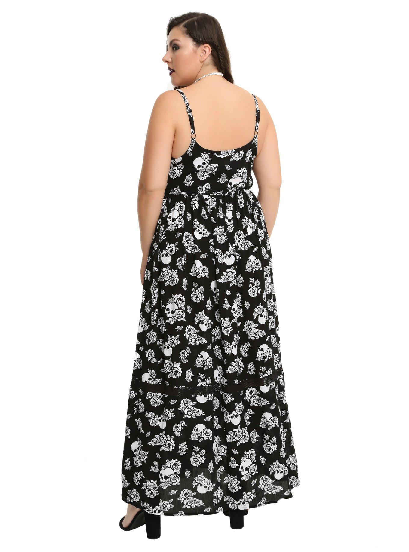 Black & White Floral Skull Maxi Dress Plus Size, , alternate