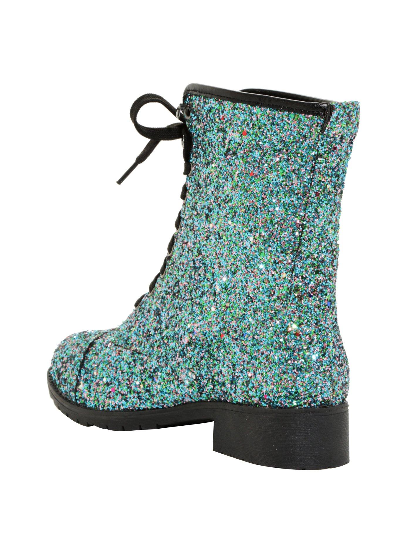 Green & Blue Glitter Combat Boots, , alternate