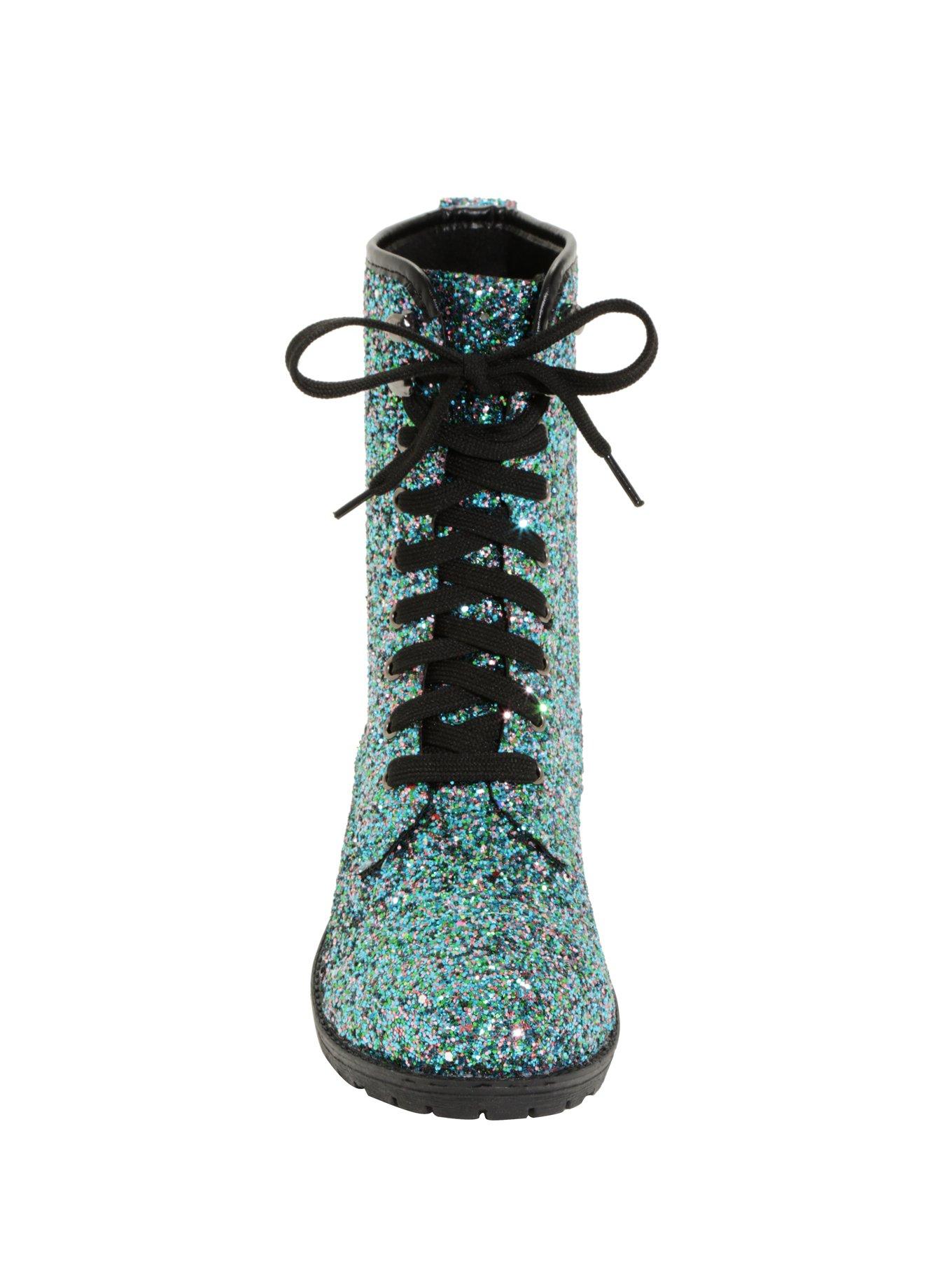 Green & Blue Glitter Combat Boots, , alternate