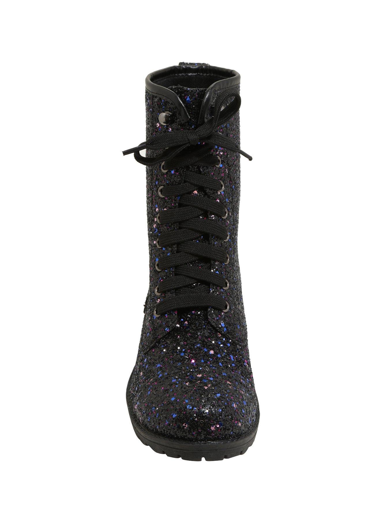 Black & Purple Glitter Combat Boots, , alternate