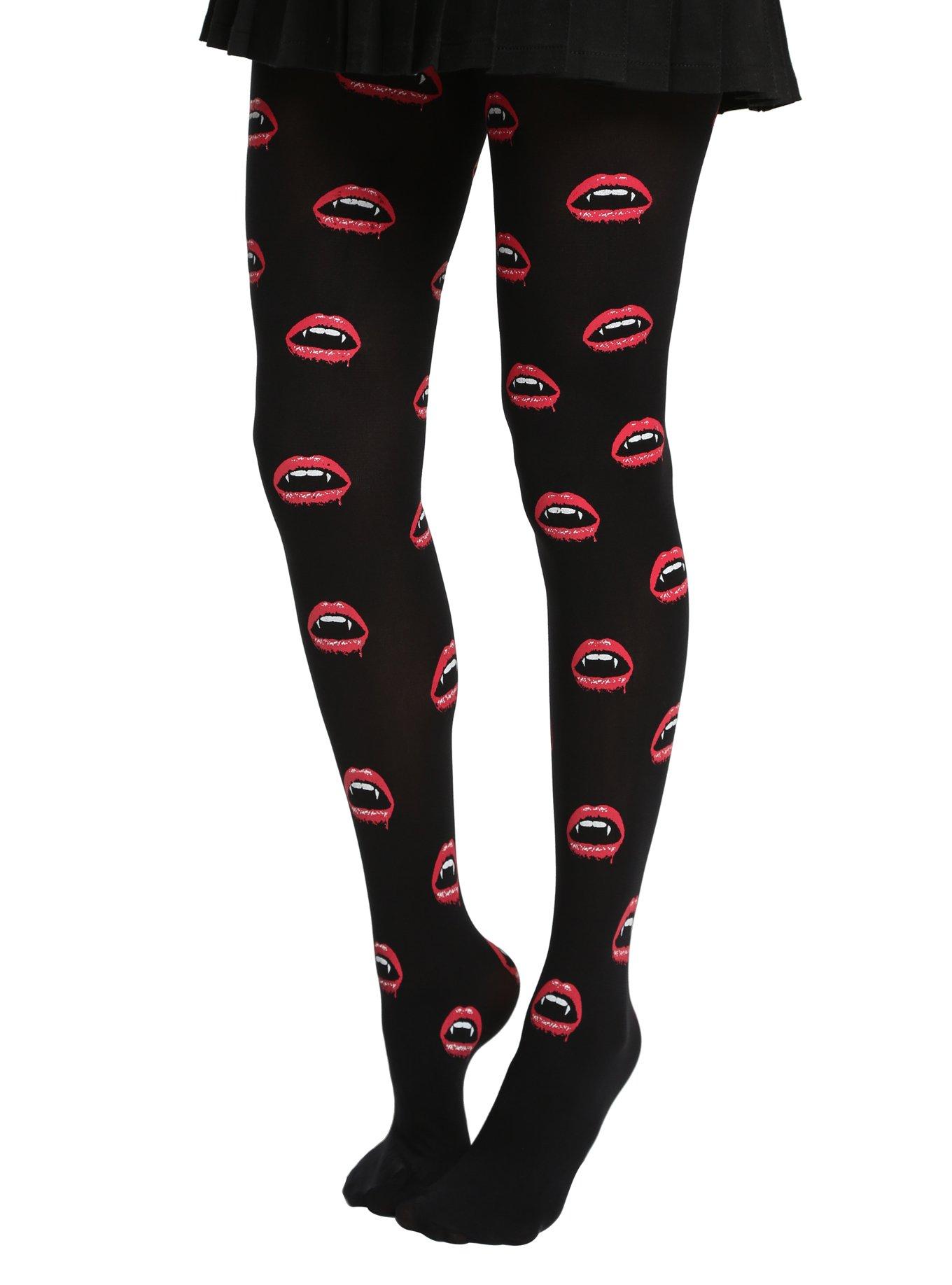 Blackheart Vampire Lips Print Tights, , alternate