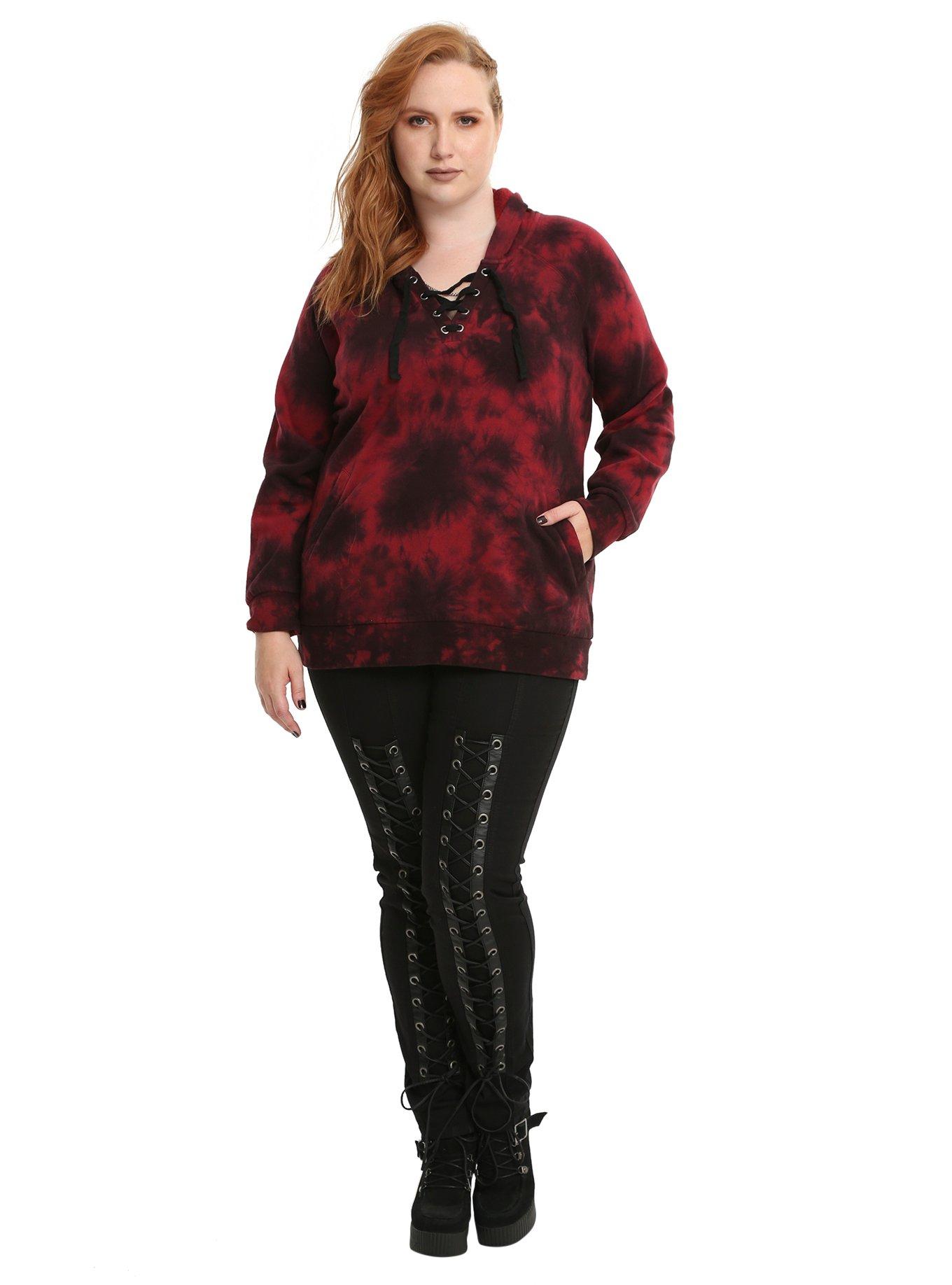 Red & Black Tie-Dye Lace-Up Girls Hoodie Plus Size, , alternate