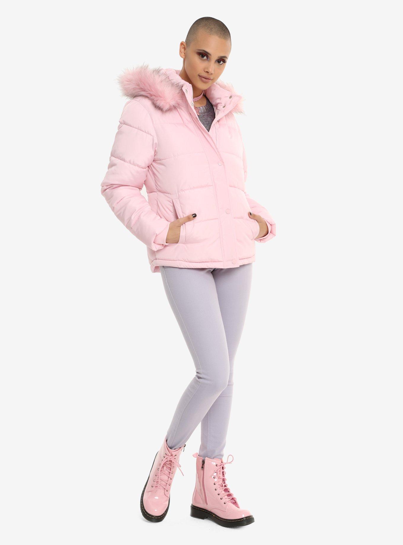 Pink Faux Fur Hood Puffy Girls Jacket, , alternate