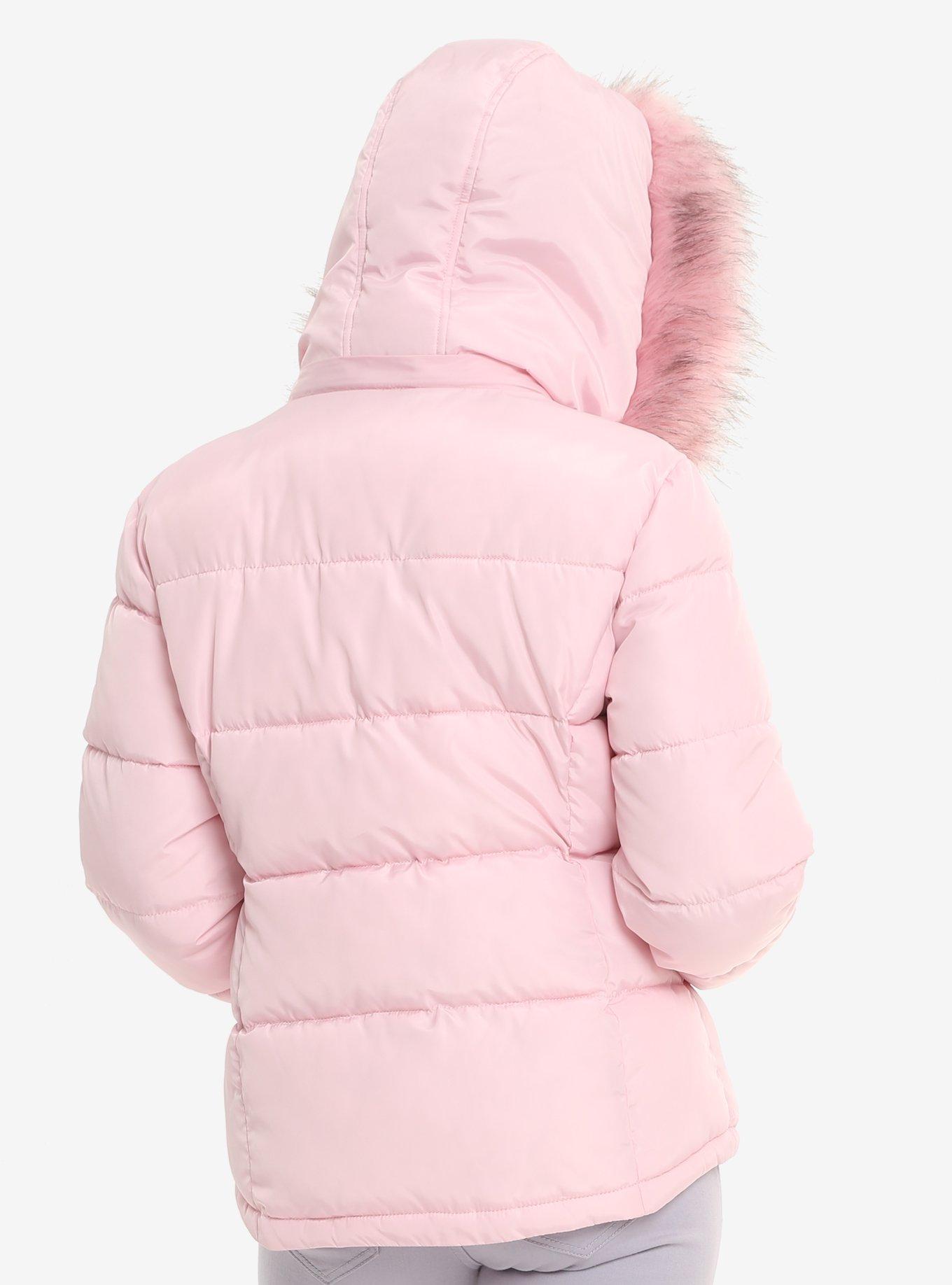 Pink Faux Fur Hood Puffy Girls Jacket, , alternate
