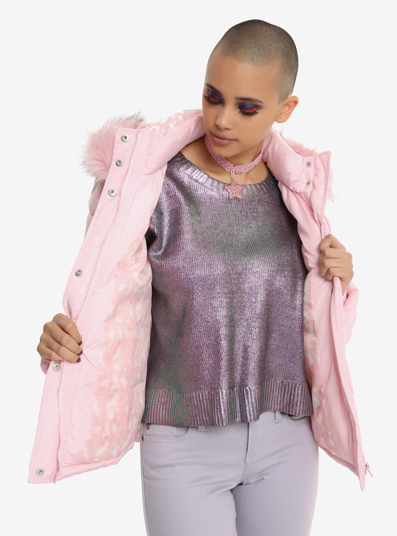 Pink Faux Fur Hood Puffy Girls Jacket, , alternate