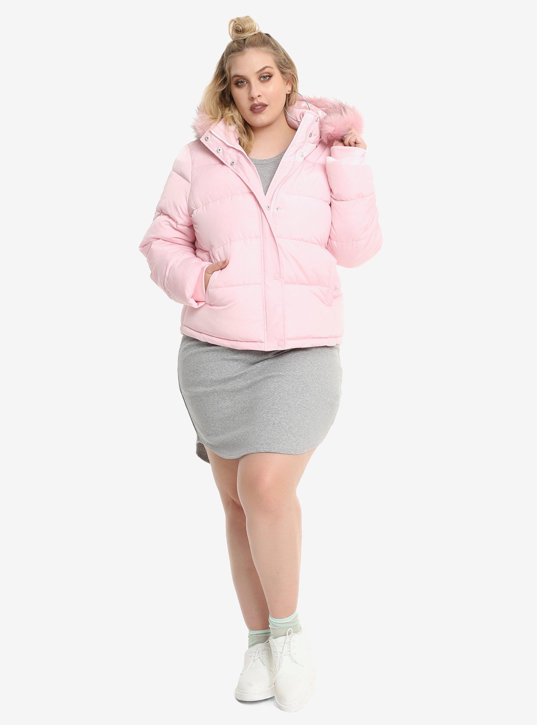 Pink Faux Fur Hood Puffy Girls Jacket Plus Size, , alternate